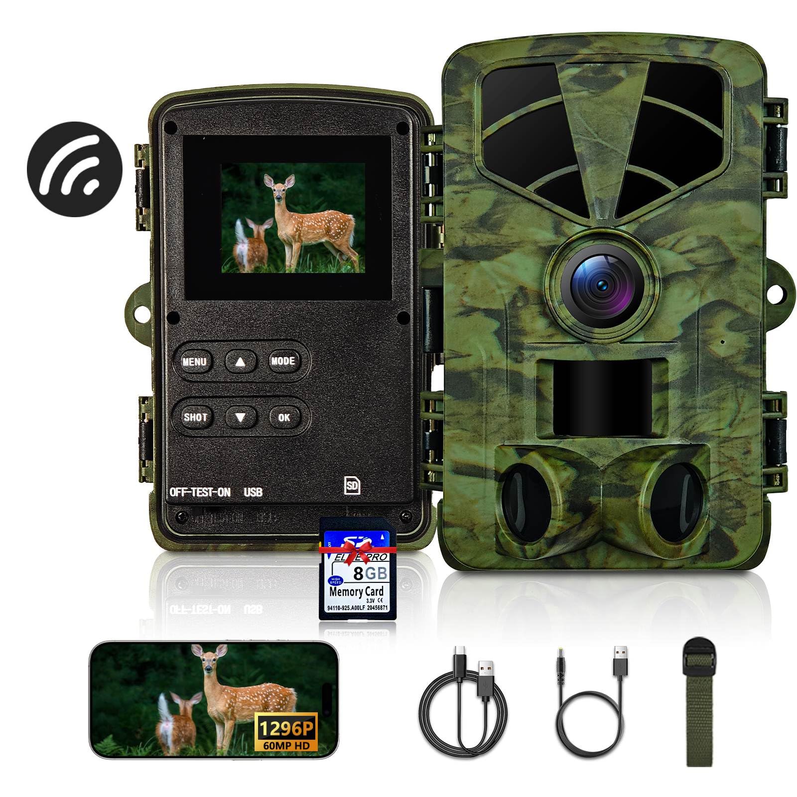 Wildkamera WLAN, 1296P 60MP Wildkamera mit Handyübertragung App, Wildtierkamera mit Nachtsicht Bewegungsmelder, 0,1s Auslösezeit, IP66 Wasserdichter für die Überwachung von Wildtieren