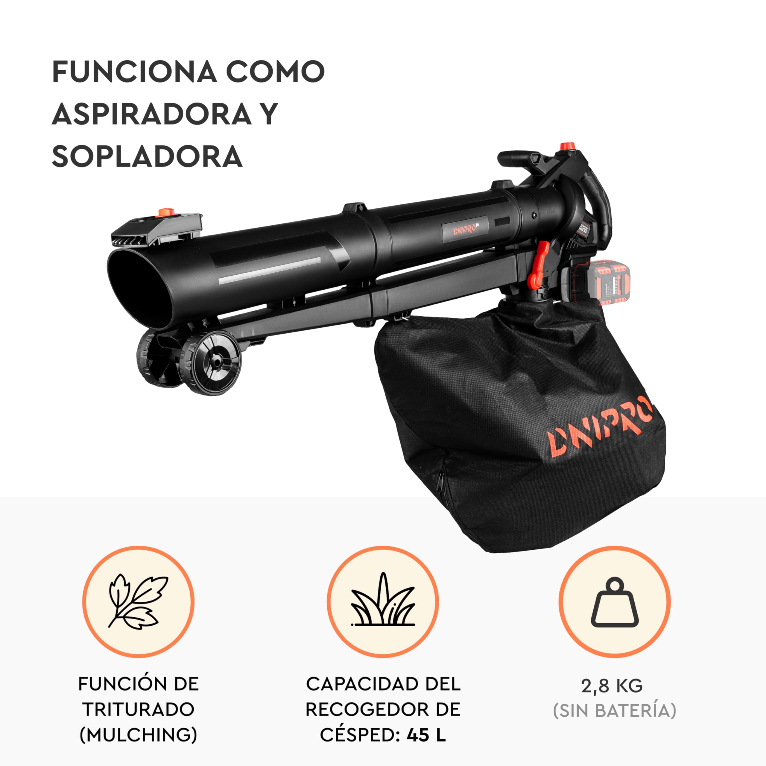 Aspirador Soplador de Jardín Inalámbrico DVB-200BC Dual 20V Brushless - Aspirador, Soplador y Triturador de Hojas 15:1-2 Baterías 4Ah y Cargador Dual - Bolsa 45L - por Dnipro-M