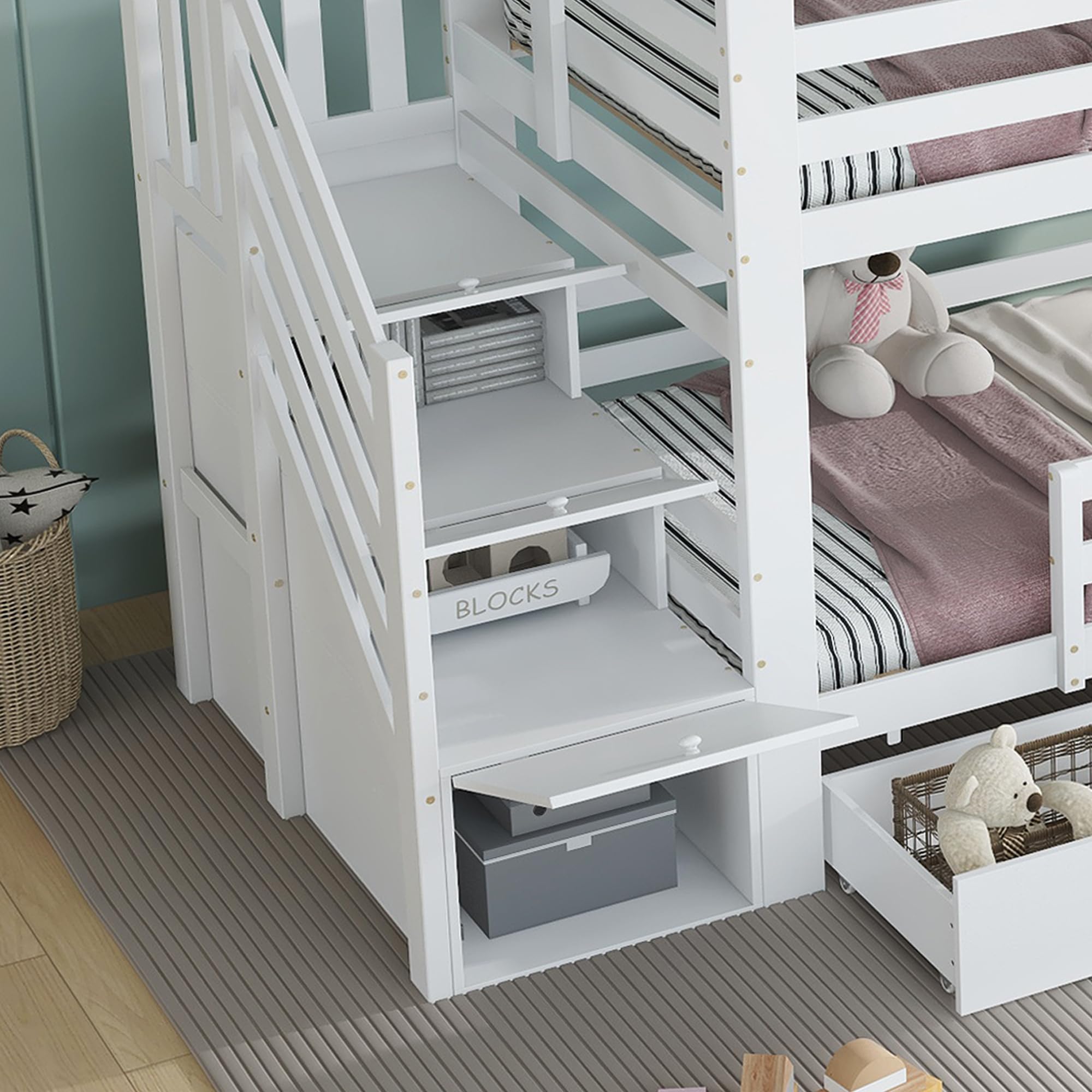 Letto a castello, lettino per bambini, armadio con ripiani, cassetto contenitore con rotelle, belle finestre e tetto, robuste reti a doghe, pino + MDF + compensato, bianco, 90x200 cm