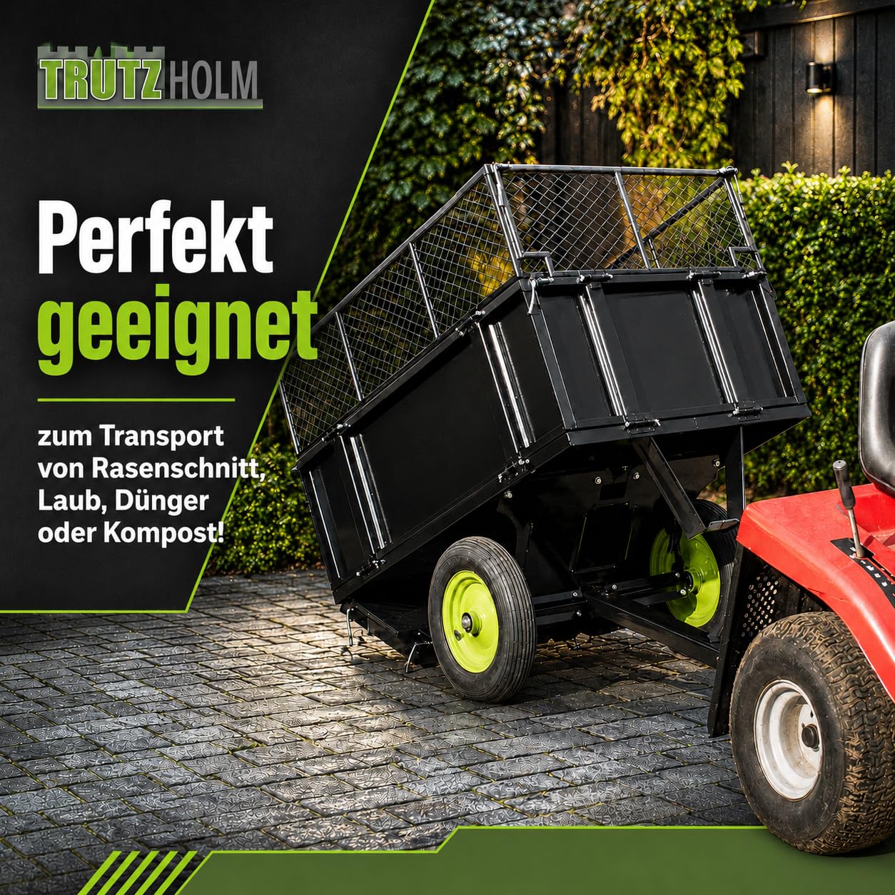TRUTZHOLM Anhänger Rasentraktor 300 kg kippbar Aufsitzmäher Hänger Traktor Kippanhänger ATV Quad mit Kupplung zum Transport von Erde, Dünger und Laub