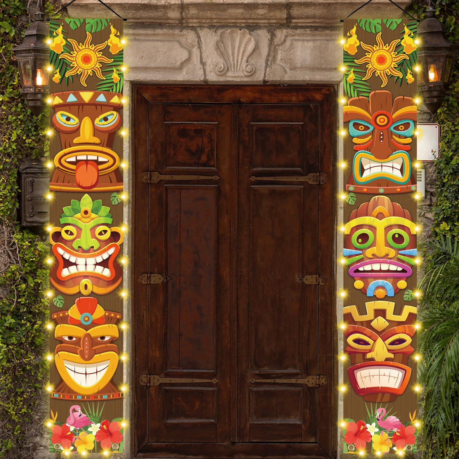 Hawaiian Luau Party Decorations, Tiki Party Decorations, Lighted Tiki Banner Door Porch Sign for Aloha Moana Hawaii Luau Party Tropical Birthday Tiki