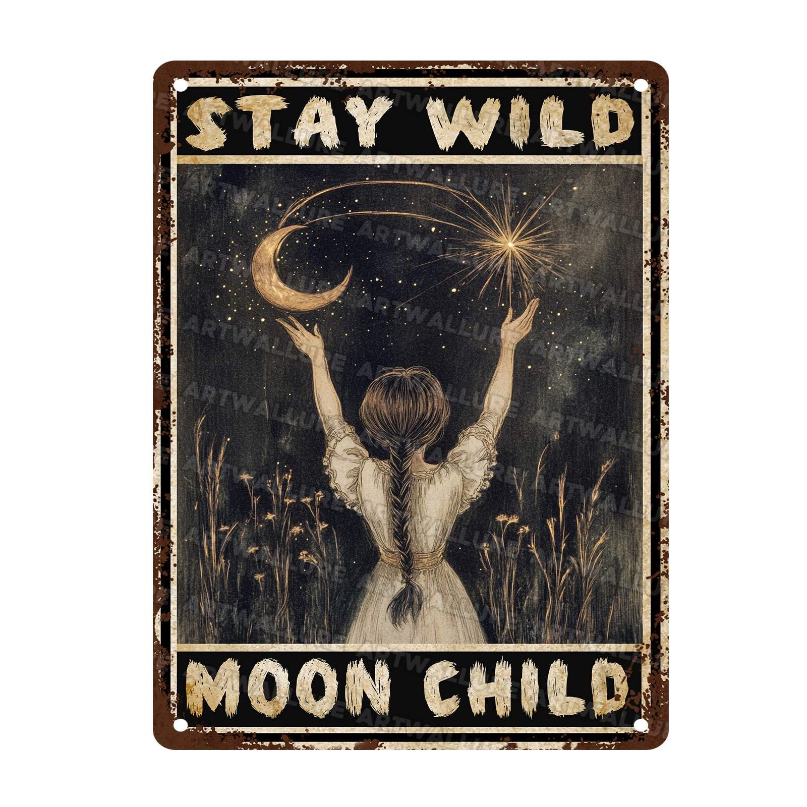 Metal Tin Sign Moon Girl Stay Wild Moon Child Sign Retro Mushroom Wall Decor for Bathroom Living Room Coffee Bar Wall Decor 12x16Inch