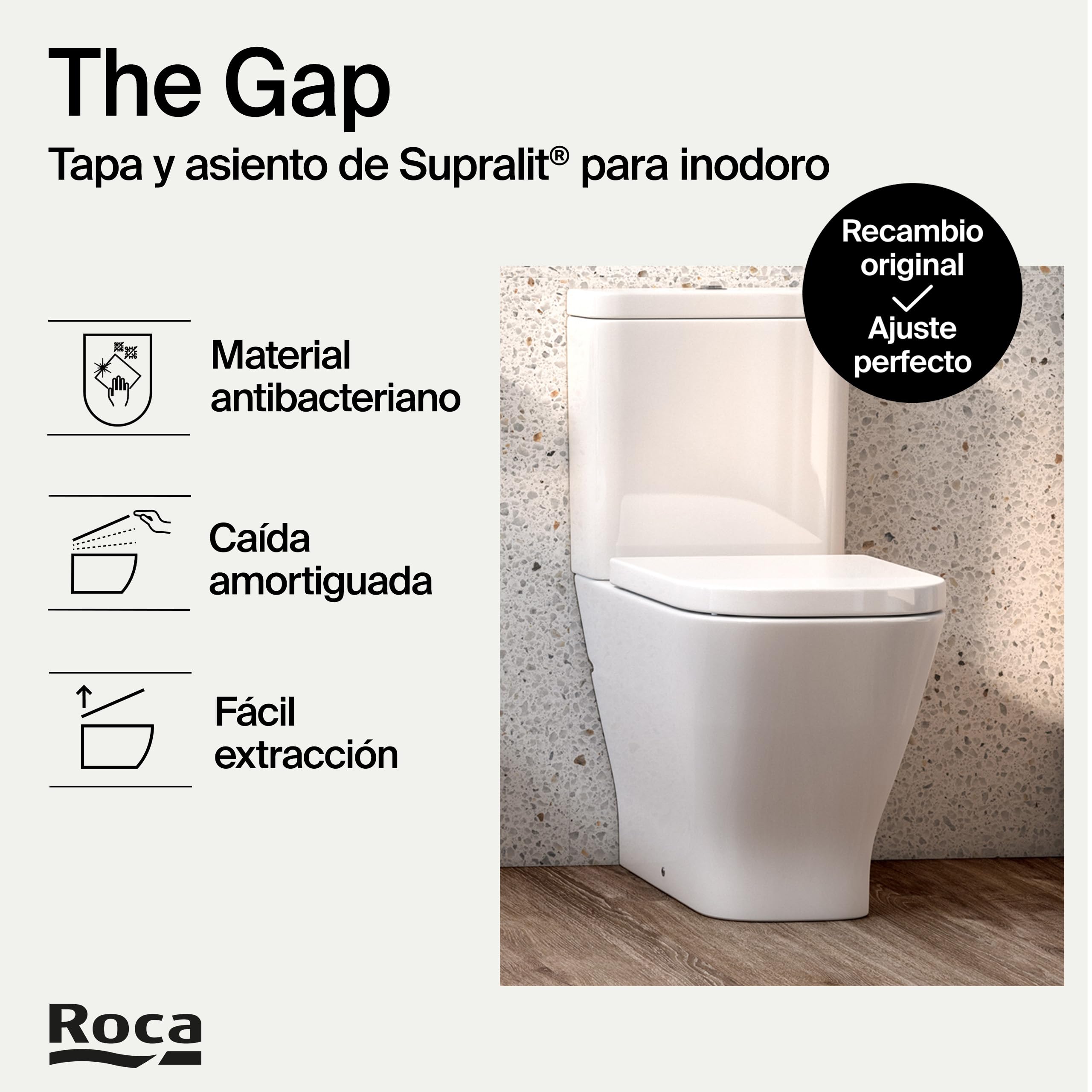 Roca The Gap - Tapa y asiento de Supralit para inodoro de tanque bajo con caída amortiguada, tapadera de WC original con ajuste perfecto, recambio de tapa de váter resistente, blanco, A80147000B