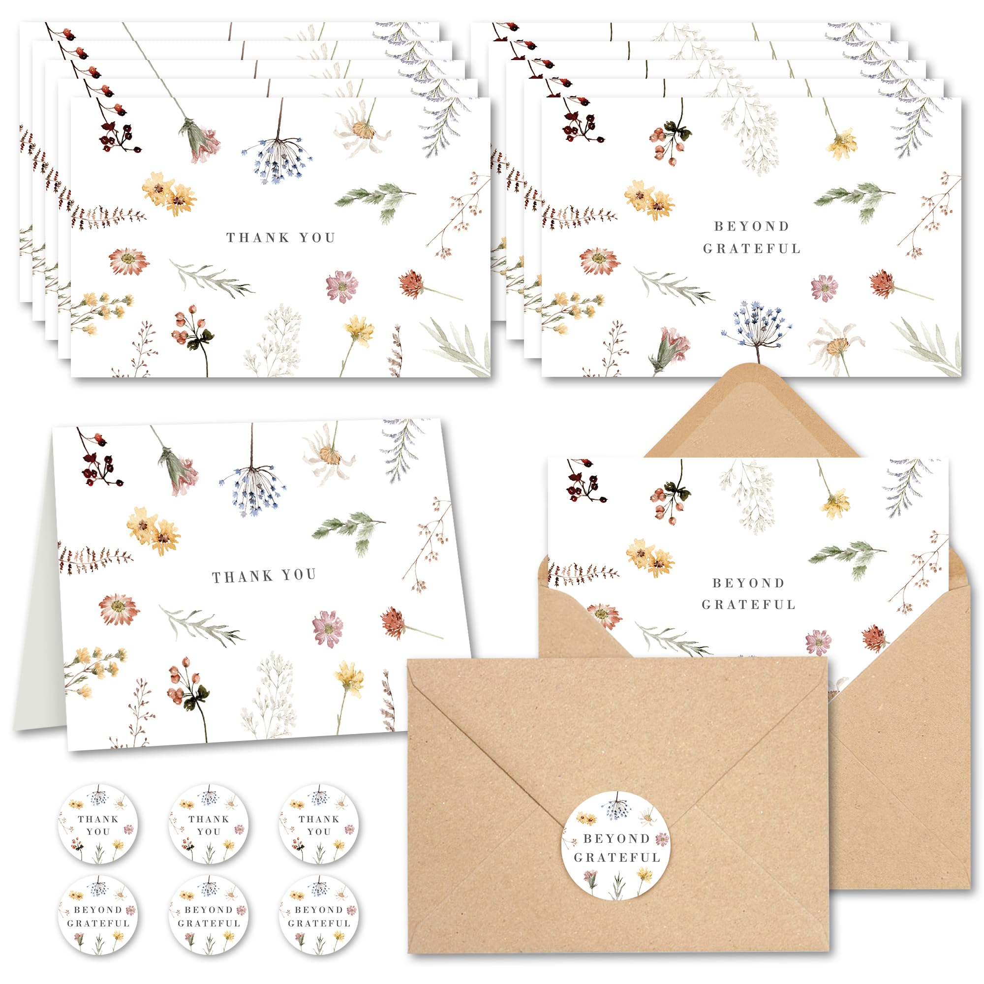 AUDREEBeyond Grateful Cards with Envelopes (20 Pack 4"x6") - Floral Thank You Cards with Envelope and Stickers - Grateful Notes for Birthdays, Weddings, Bridal, and Baby Showers