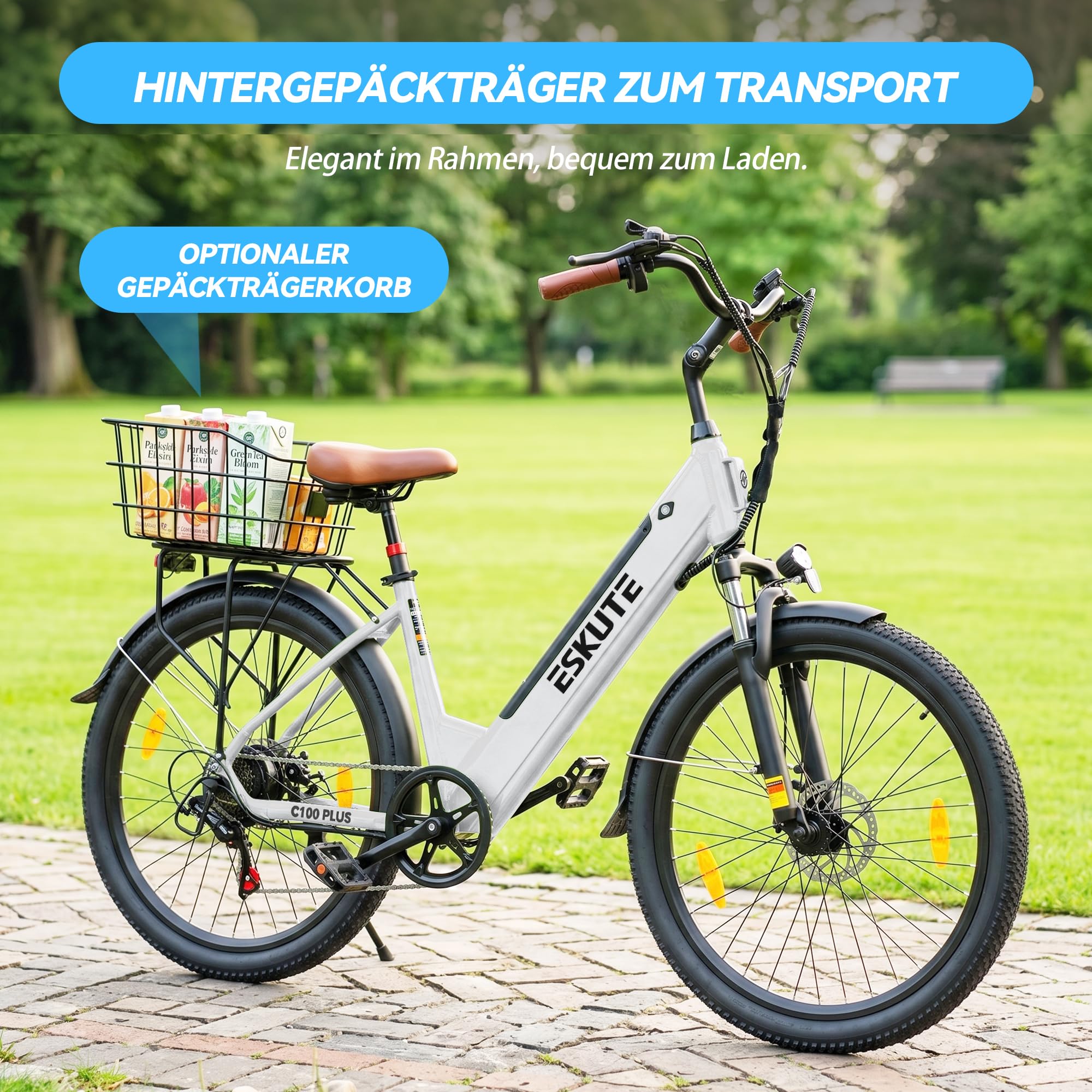 ESKUTE C100 Plus - Bicicleta eléctrica de 26 pulgadas, motor eléctrico de ciudad de 250 W, batería de repuesto de 36 V y 13 Ah, pantalla LCD, para hombre y mujer
