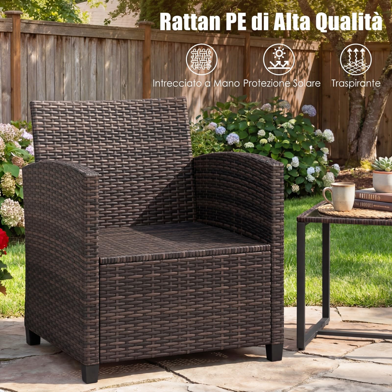 COSTWAY Set Mobili da Giardino 3 Pezzi, Salotto da Esterno in Rattan PE con Cuscini Sfoderabili, Tavolino in Vetro Temperato Beige
