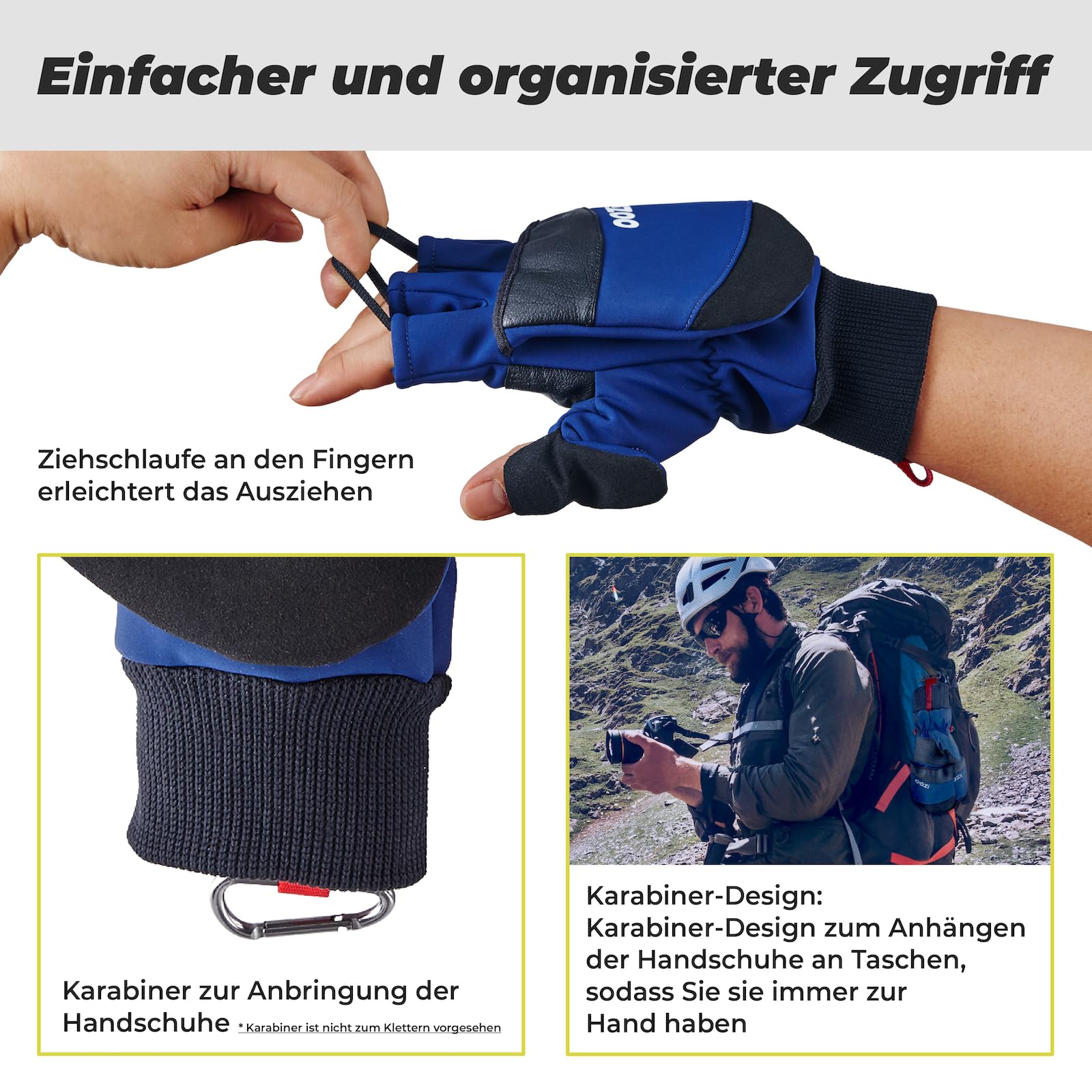 OOZi Winterhandschuhe Herren Damen – Convertible Fäustlinge mit Touchscreen-Klappkappe, Winddicht, Thermo-Fleece, Anti-Rutsch-Grip, Magnetverschluss -für Wandern Outdoor Radfahren