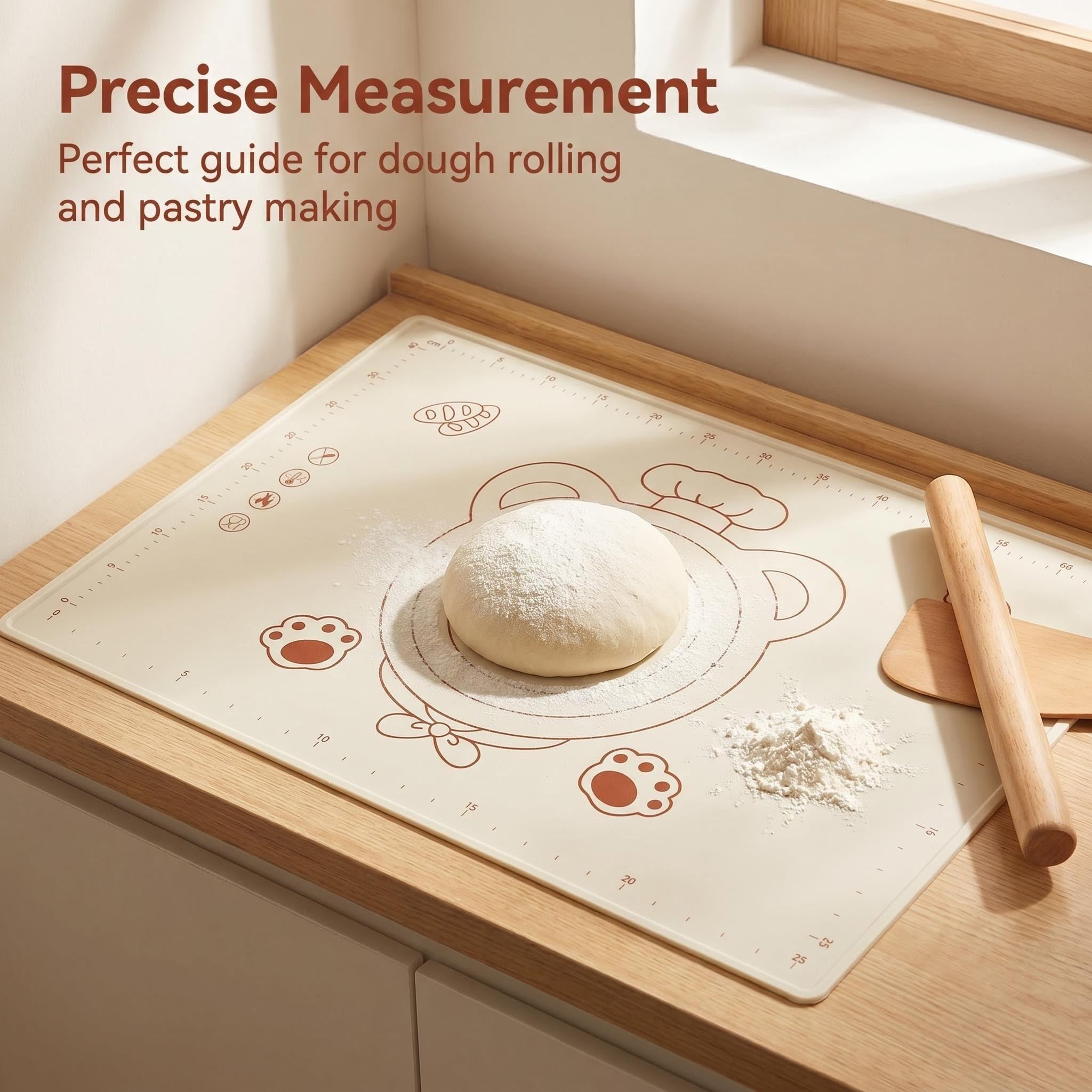 Tapete de silicona para masa de repostería – 25 x 16 pulgadas, extra grueso, mate con medición, antiadherente para encimera de cocina, borde elevado, reutilizable, resistente al calor para pan, pizza