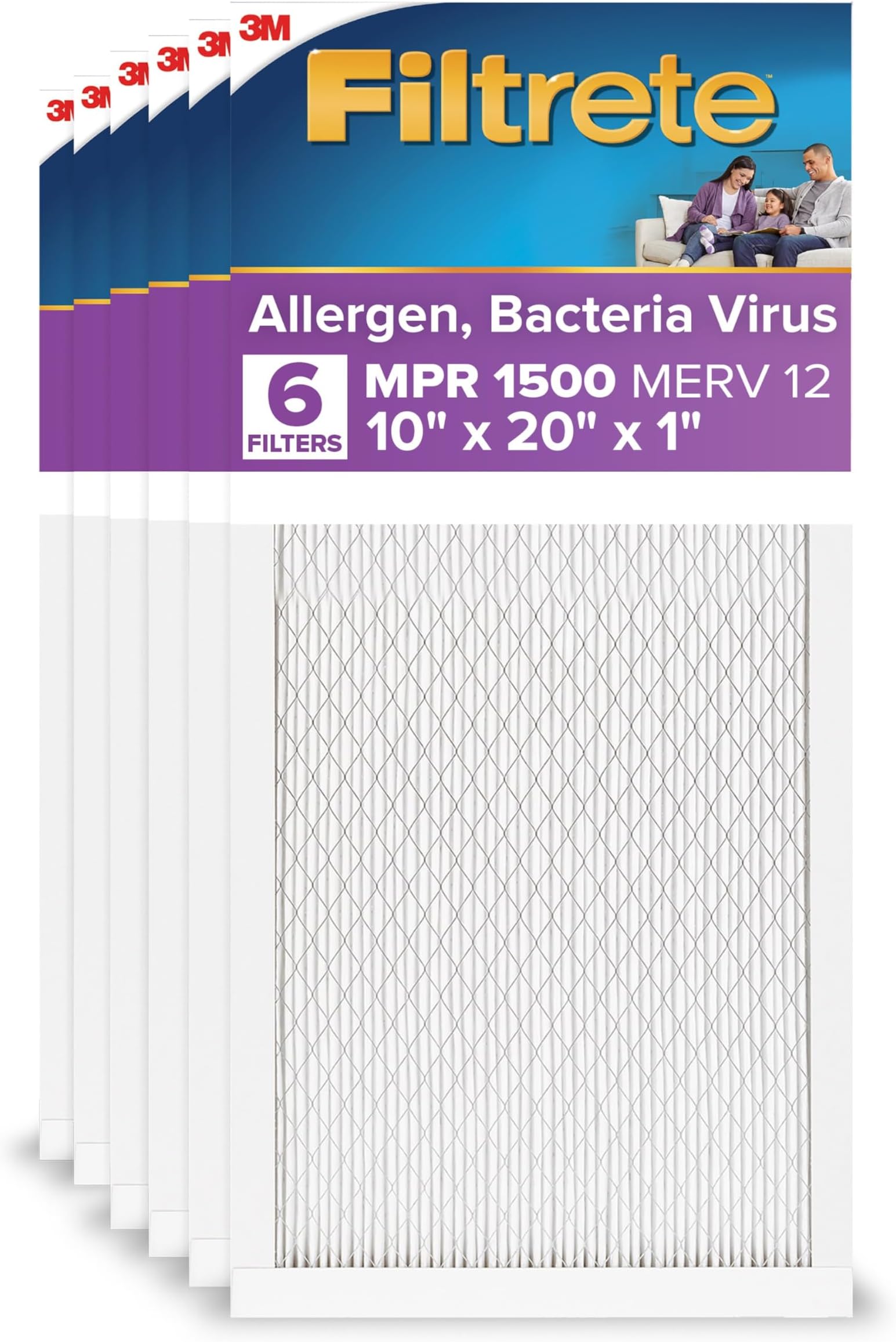 10x20x1 AC Furnace Air Filter, MERV 12, MPR 1500, CERTIFIED asthma & allergy friendly, 3 Month Pleated 1-Inch Electrostatic Air Cleaning Filter, 6-Pack (Actual Size 9.81x19.81x0.78 in)