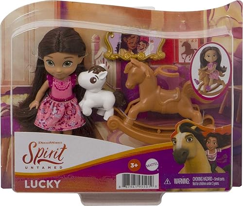 Miniatura 6 de Mattel Spirit Untamed Young Lucky Doll (aprox. 4 pulgadas) con 5 articulaciones móviles y accesorios de historia, incluye caballo mecedora y caballo