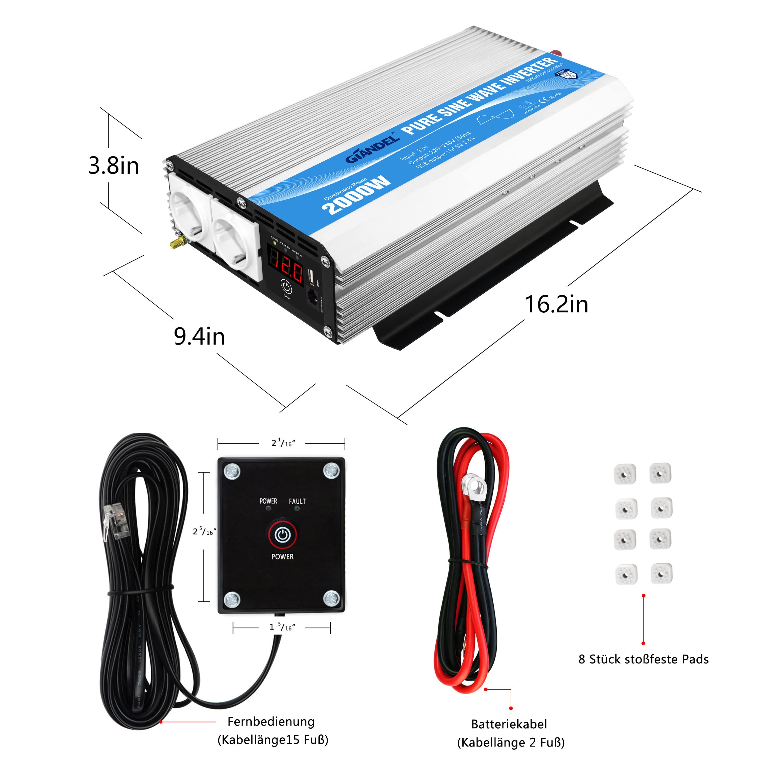 GIANDEL 2000W Wechselrichter 12V auf 230V Reiner Sinus Spannungswandler | Kompatibel Lithium-Batterie, Für Wohnmobil, LKW, Zuhause, Off-Grid Solarstrom Umwandler-Inverter mit LED-Anzeige