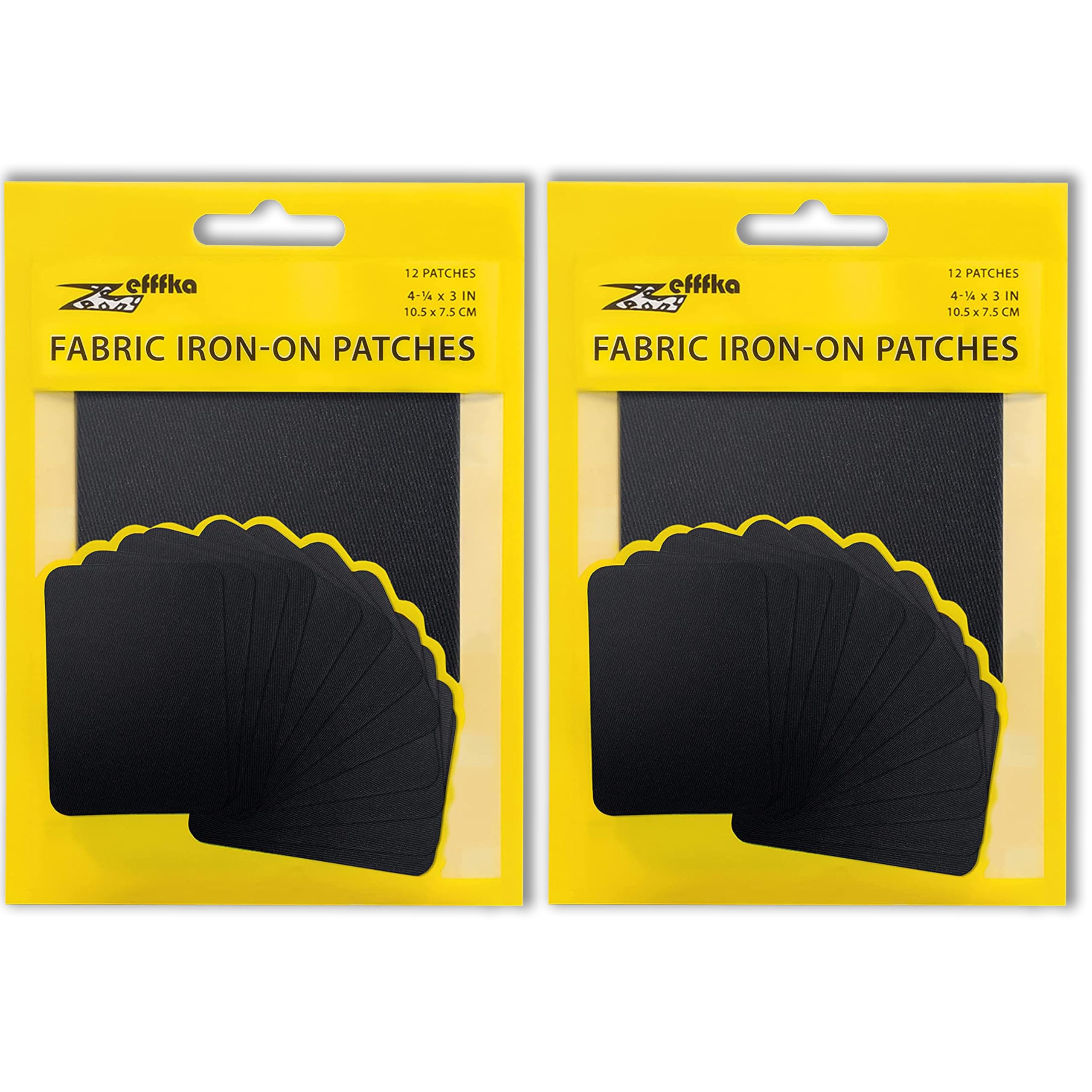 Zefffka Black 2Pack Fabric Iron-On Patches Inside & Outside Strongest Glue 100% Cotton Repair Decorating Kit 12 Pieces Size 3" By 4-1/4" (7.5 Cm X 10.5 Cm)