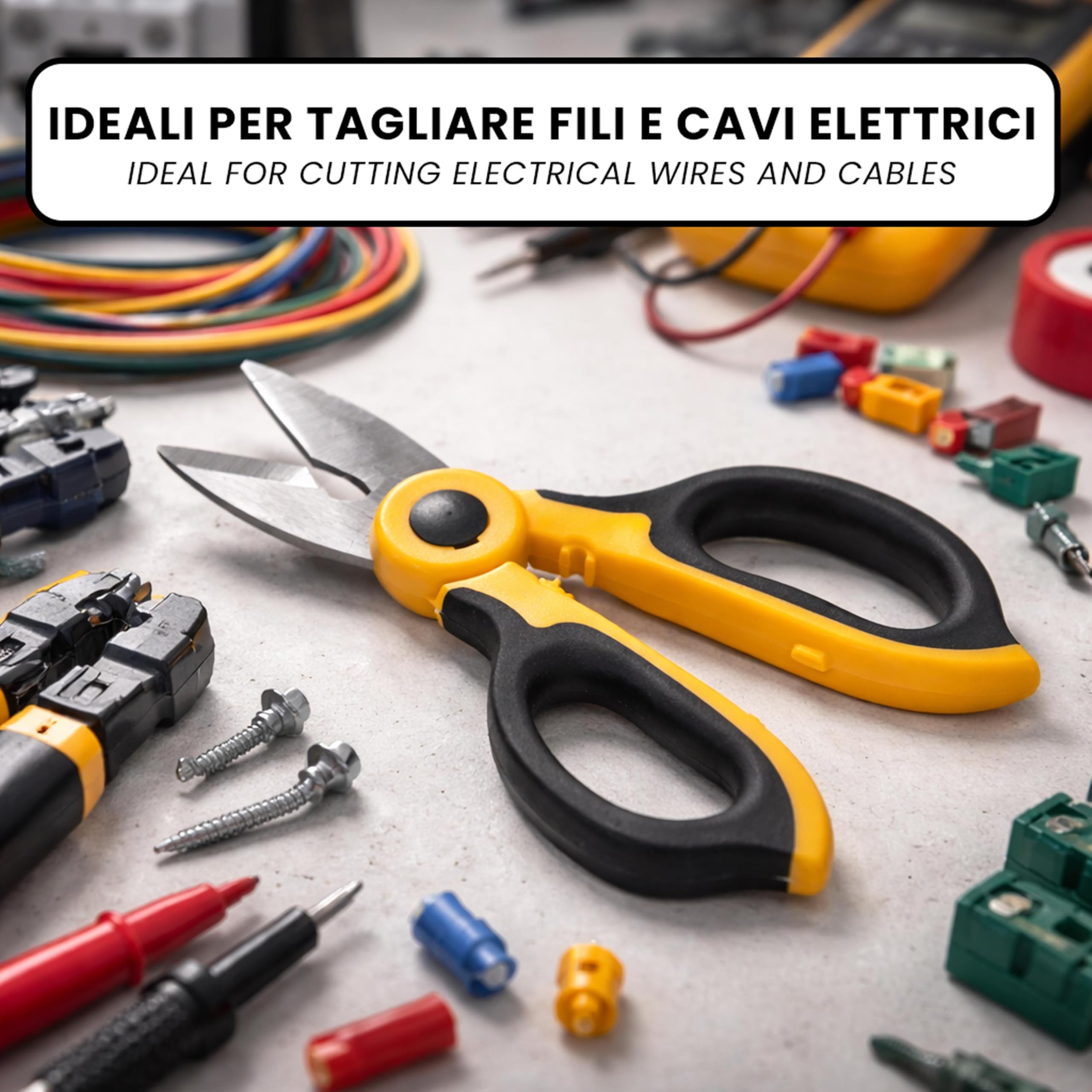 IPEA Forbici da Elettricista Professionali Isolate – [ Lama Retta da 50 mm in Acciaio Inox ] – Forbici da Elettricisti per Taglio Fili e Cavi Elettrici – Spelacavi e Spelafili – Elettricisti