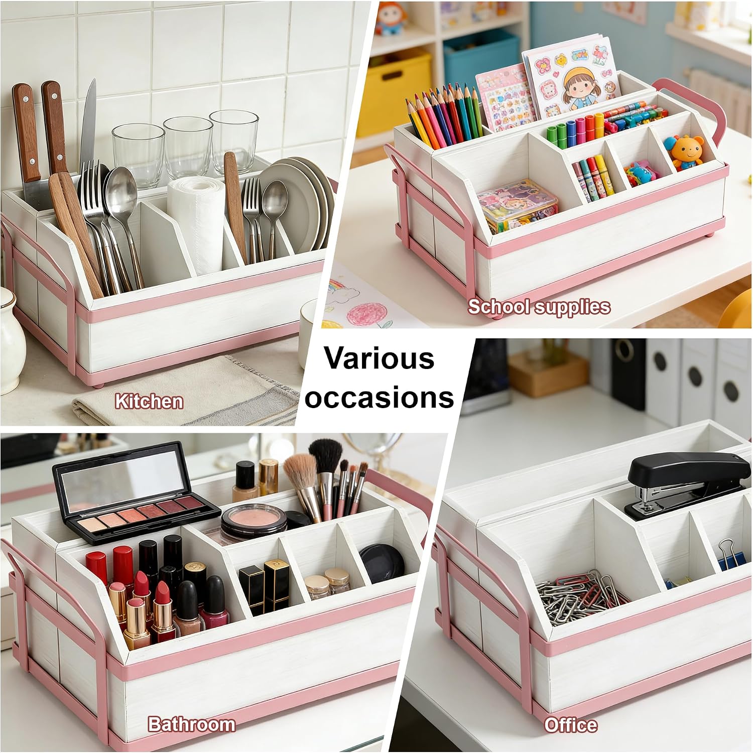 Large Kitchen Utensil Holder Caddy, 6 Compartments Wooden Utensils Organizer for Cooking Utensils, Silverware, Paper Plate, Spoon, Fork, Cutlery Storage on Kitchen Countertop for Party Hosting-White