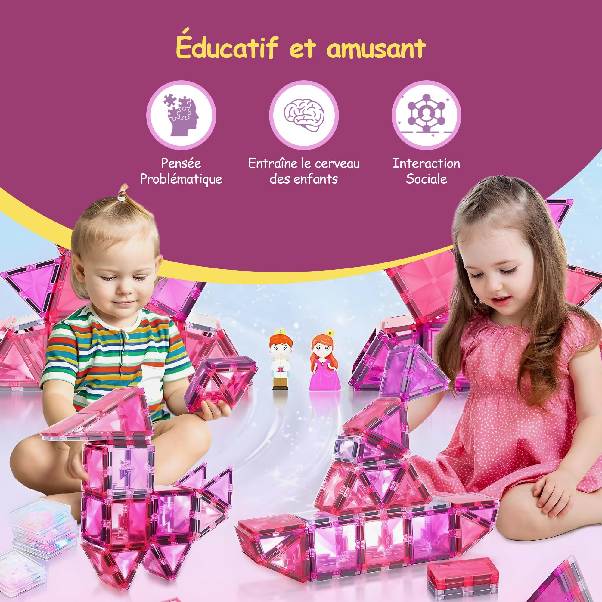Olvy Blocs de Construction magnétiques Montessori Jouet Montessori en tuiles magnétiques Jouet de Construction magnétique 3 Ans Princesse