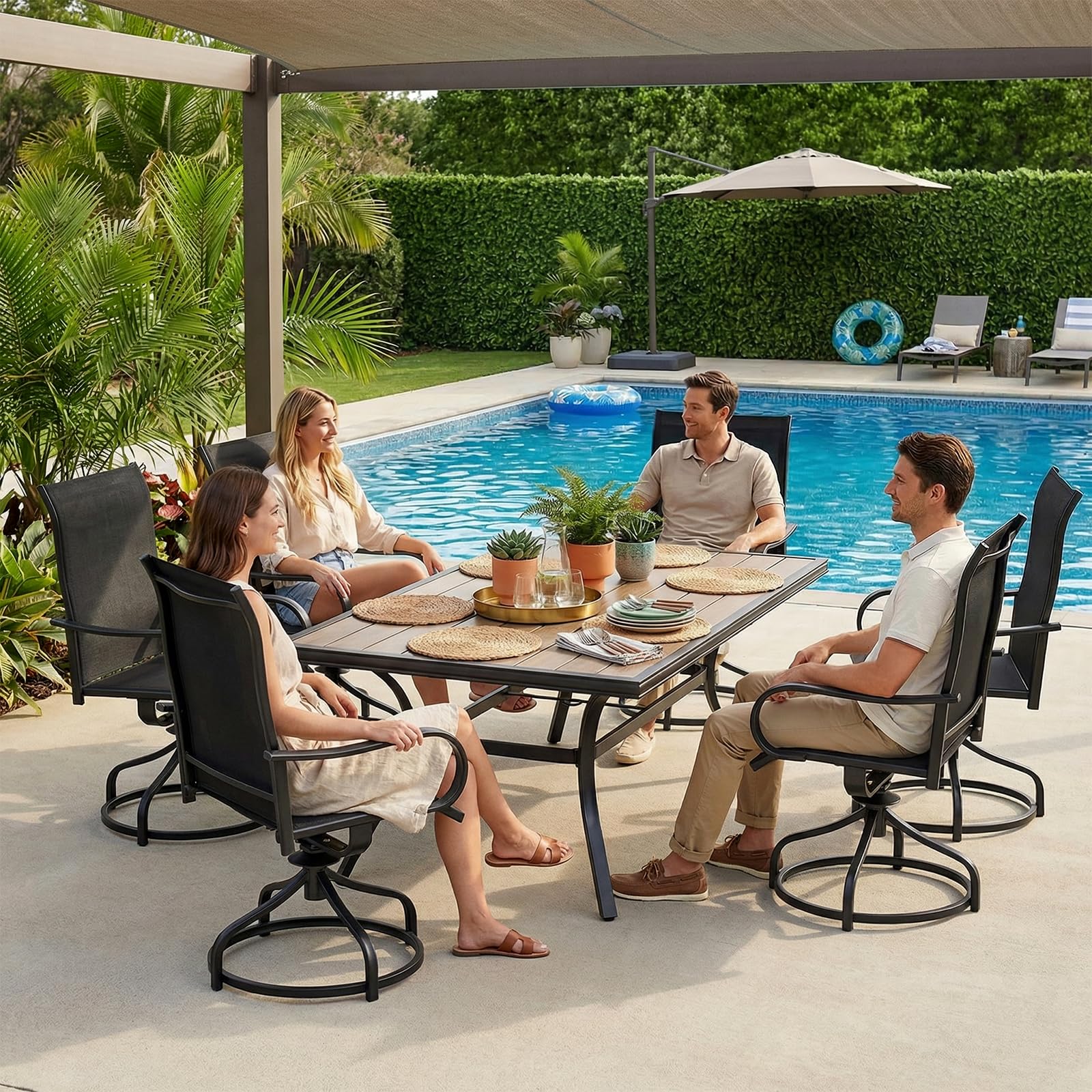 LIFERUN Gartenstühle 360° drehbar, 2er Set Drehstühle, Terrassenstühle Metall, Wetterfeste Rostbeständig, Balkonstühle mit Hochlehner, bis 150 kg belastbar, Für Terrasse Balkon Bistrot, Schwarz, 2 PCS