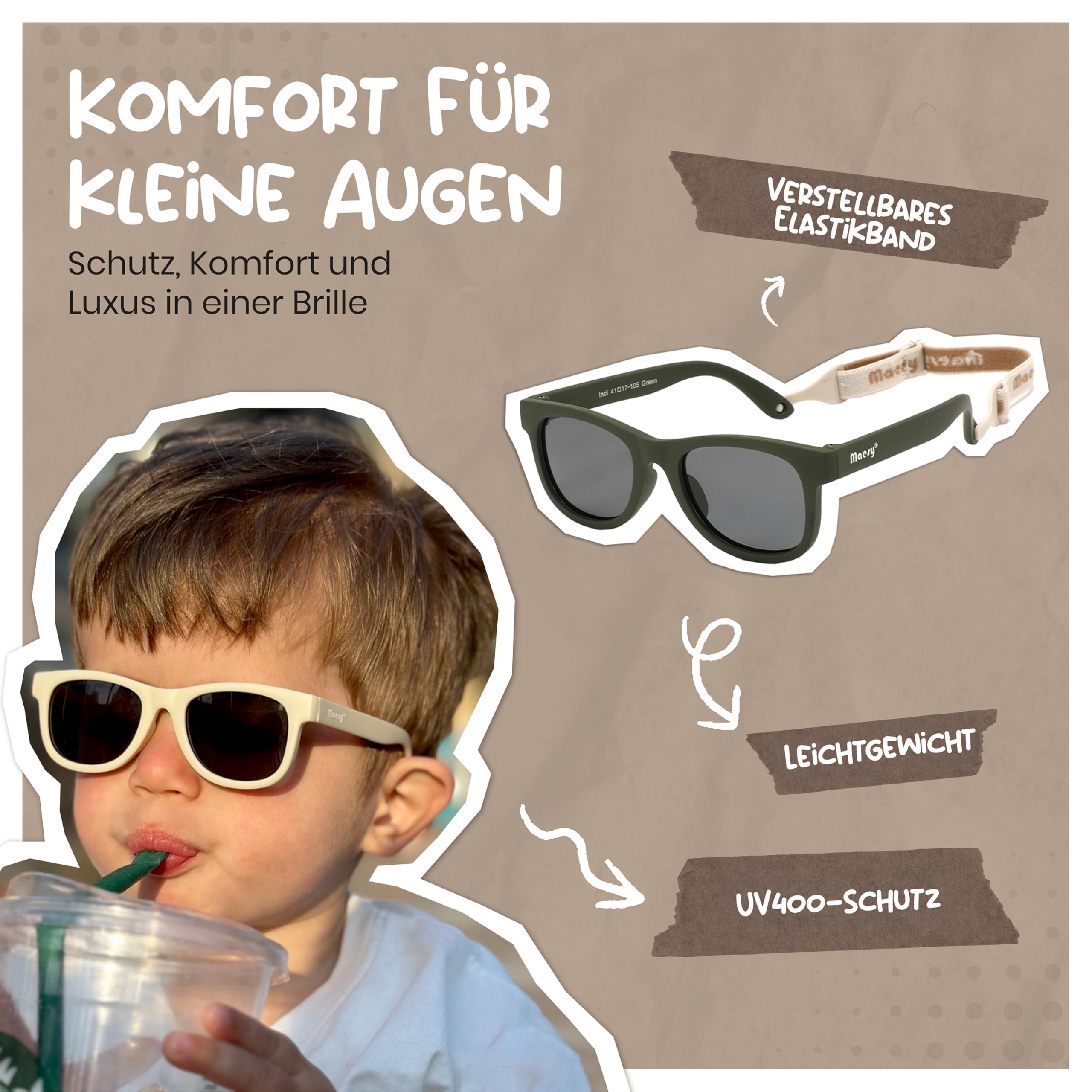 Baby Sonnenbrille für 0-2 Jahre - UV400 Polarisierter Schutz - Flexibler und Biegsamer Rahmen - Verstellbares Gummiband - Sichere und Bequeme Babysonnenbrillen - Quadratisch - Indi