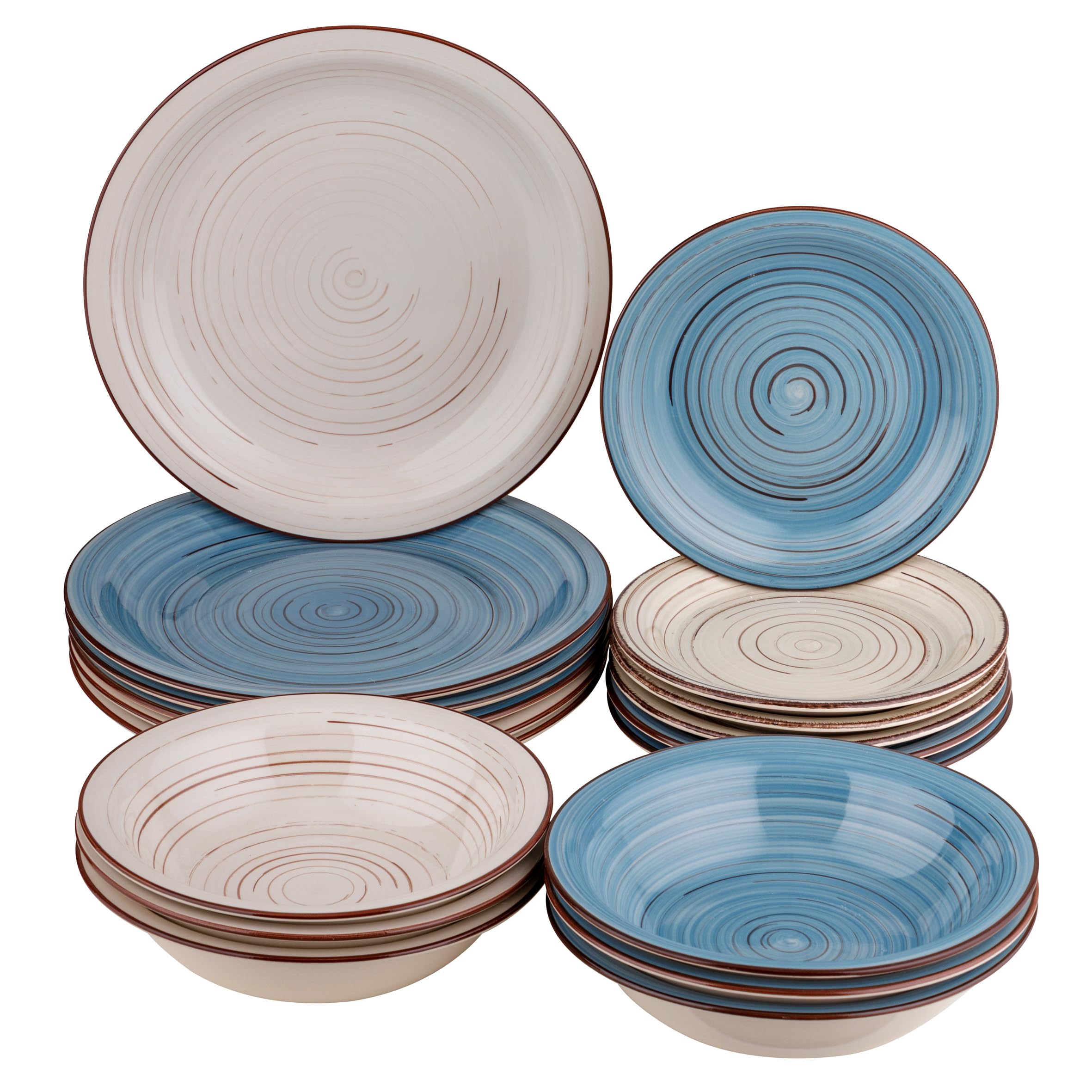 Baroni Home Vajilla de 18 piezas de cerámica, juego de vajilla decorada para 6 personas, plato hondo, llano, fruta o postre (Estilo azul y gris)