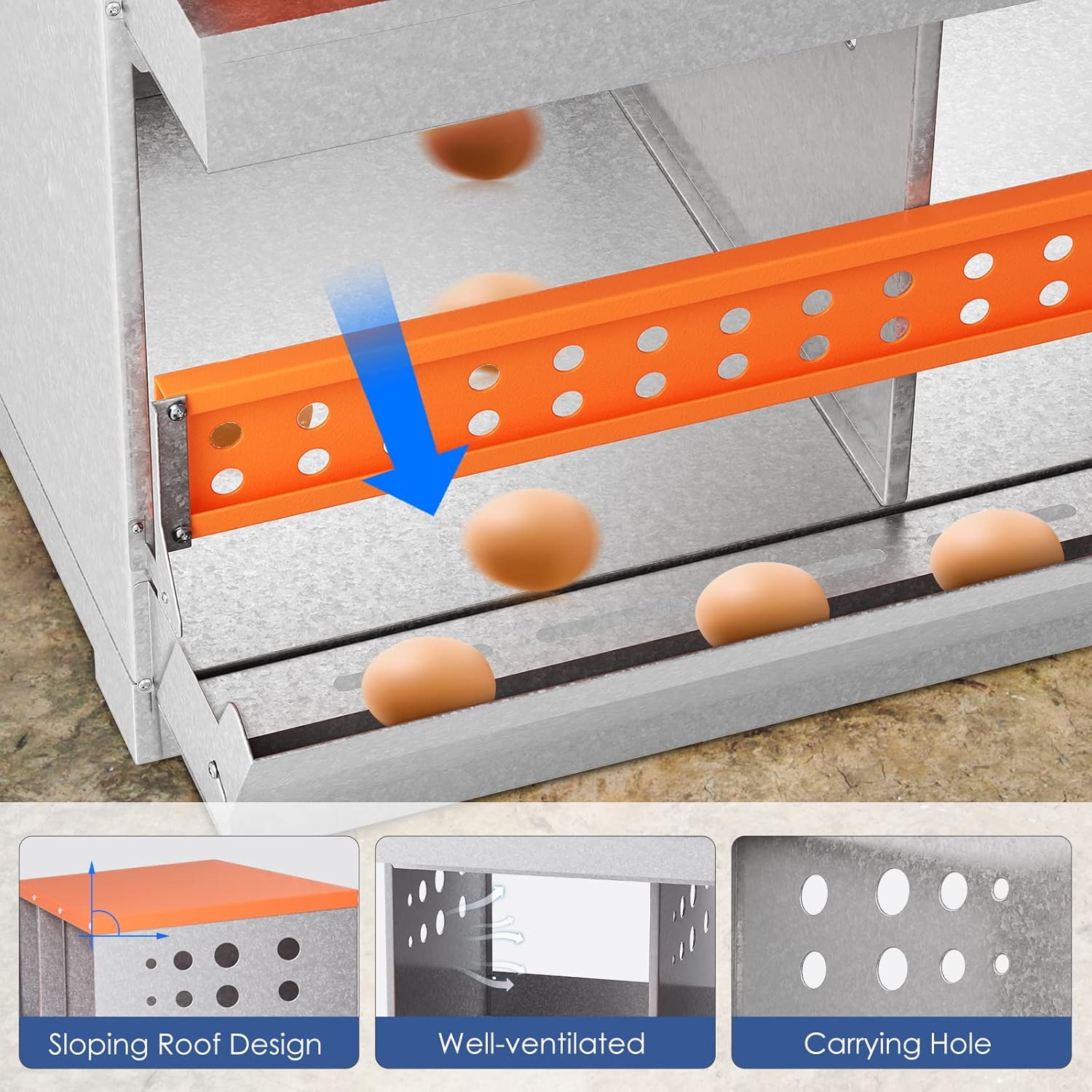 Chicken Nesting Box, 6 Compartment Metal Nesting Boxes for Chickens Laying Eggs, Rust Proofed Nest Box with Roll Away Egg Collection Laying Box for Chicken Coop