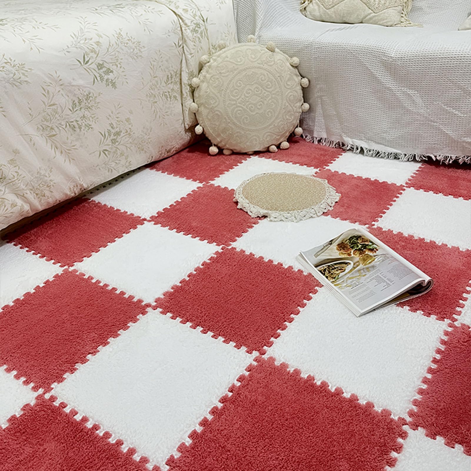 100 Stück Plüsch-Puzzle-Bodenmatte Aus Schaumstoff, Ineinander Greifende Teppichfliesen für Den Boden, Puzzle-Spielmatte, Heimdekoration