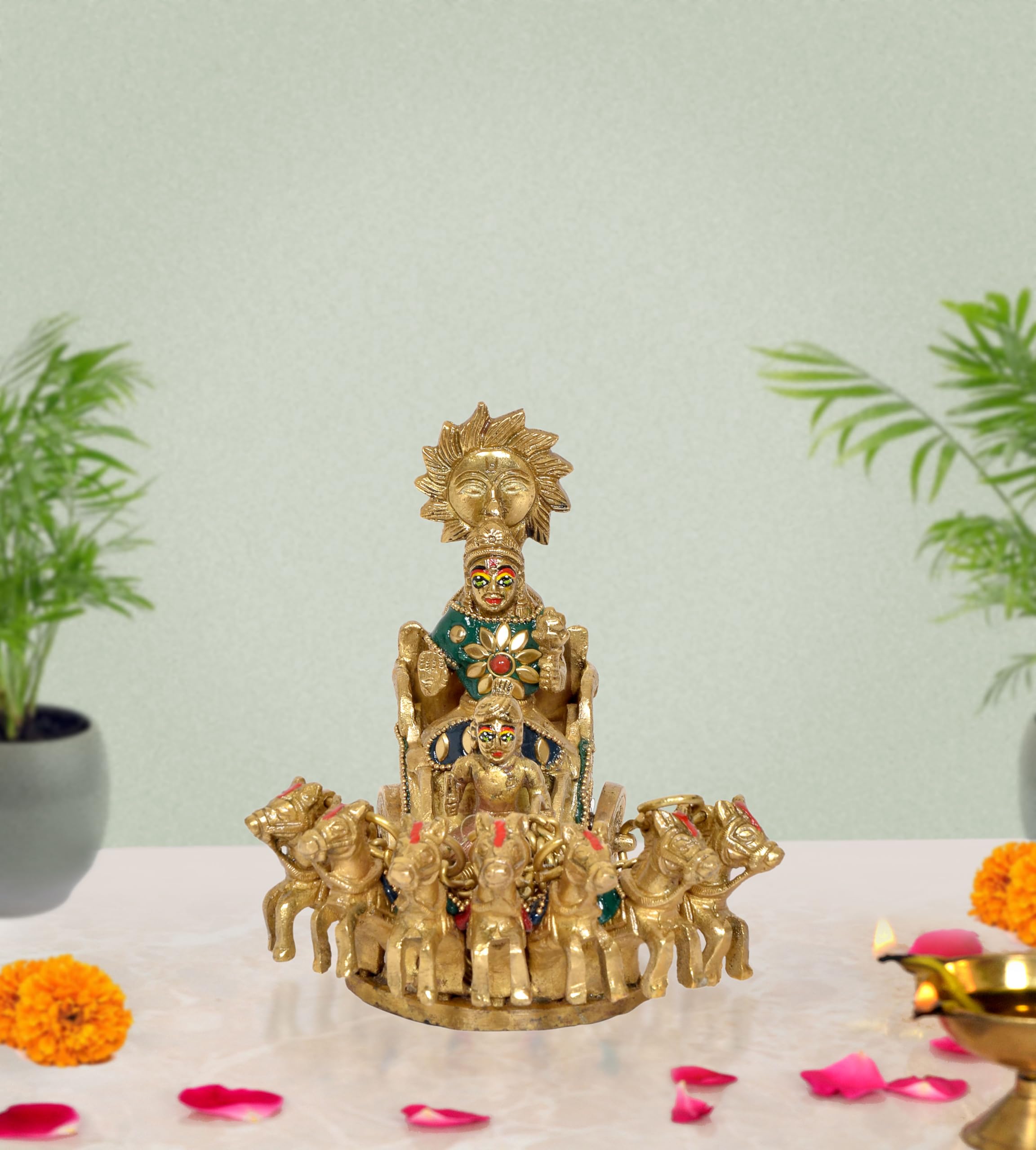 Lord Surya on His Seven Horses Chariot - for Home Decor Mandir Pooja Brass Statue, (Height : 5.5 inch) (Multicolor1)