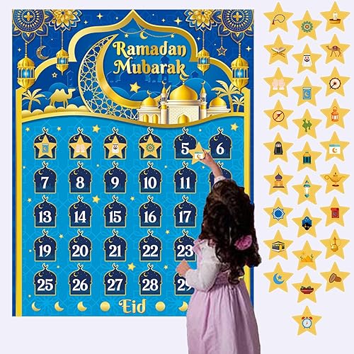 Ramadan Advent Calendar Eid Calendar Countdown Blue, Ramadan Decorations 2024 Ramadan Calendar for Kids, Ramadan Countdown Calendar for Ramadan Games, with 30 Stars Stickers