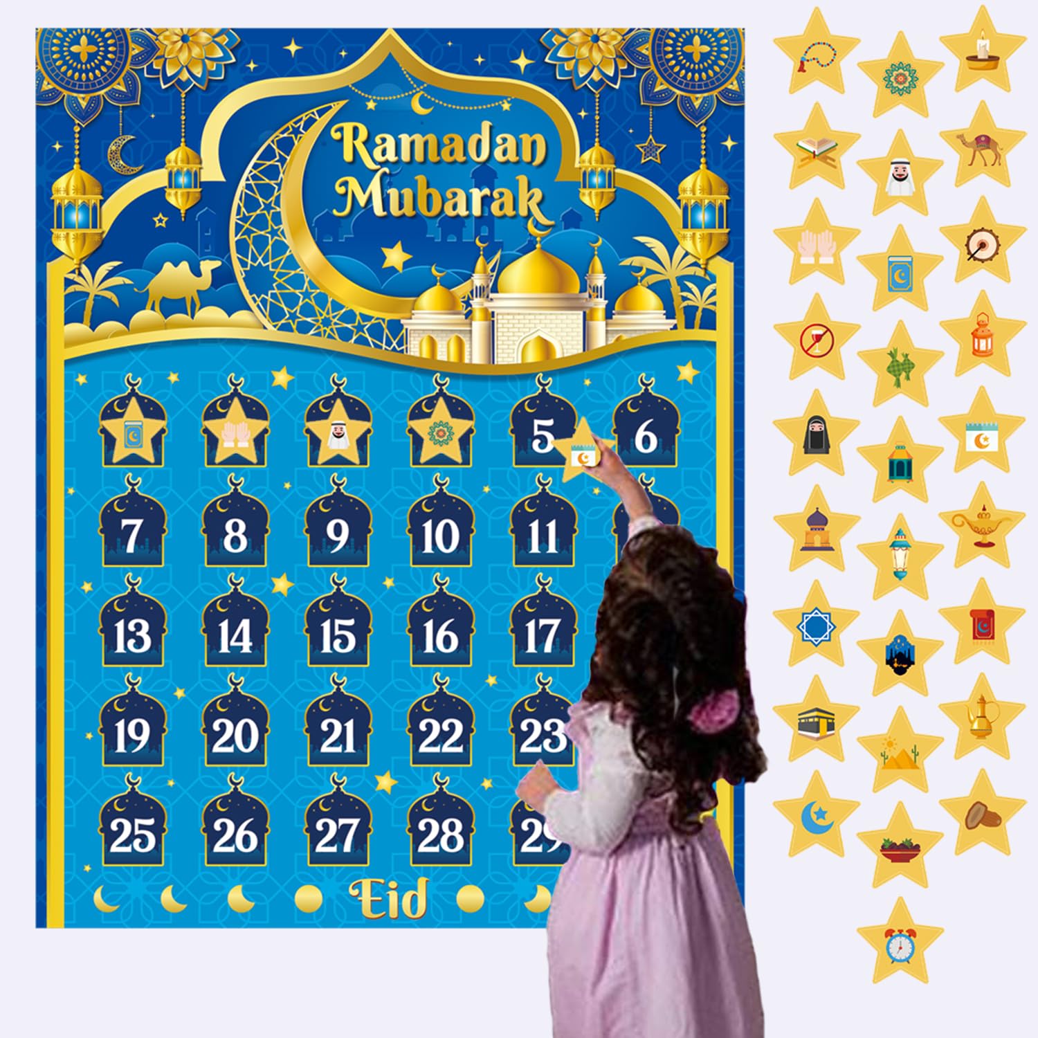 Ramadan Advent Calendar Eid Calendar Countdown Blue, Ramadan Decorations 2024 Ramadan Calendar for Kids, Ramadan Countdown Calendar for Ramadan Games, with 30 Stars Stickers