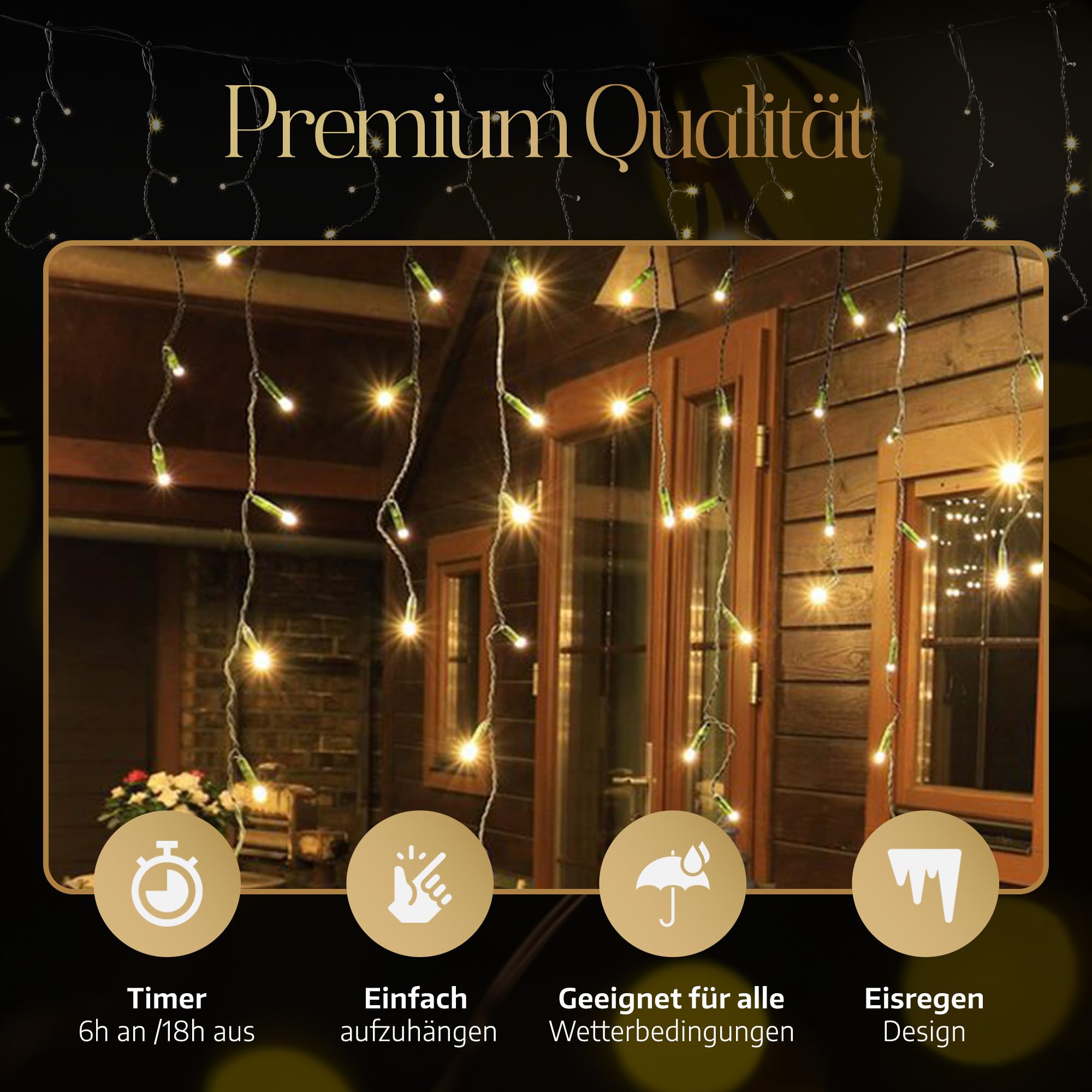 Meisterhome 400 LED Eisregen - 8m + 5m Zuleitung - mit Timer und 8 Beleuchtungsmodi - Eiszapfen Innen und Außen - für Party, Hochzeit, Balkon, Garten Deko - Warmweiß