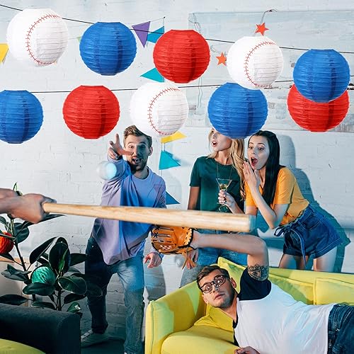 Miniatura 6 de Fabbay 12 linternas de béisbol rojas, blancas y azules, farol de papel de béisbol para deportes, cumpleaños, baby shower, boda, suministros