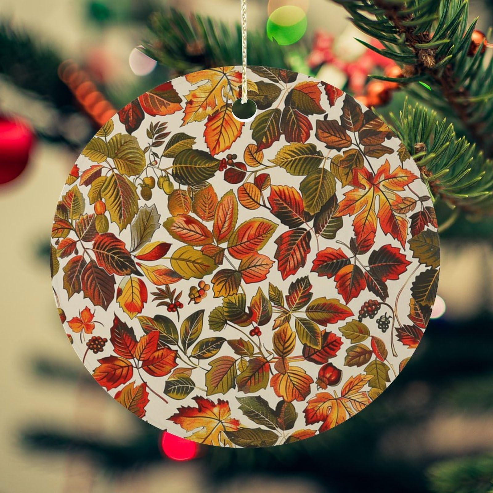 Leaves and Berries Christmas Ornament for Christmas Tree Ceramic Round Ornament Winter Holiday Keepsake Gift 2.7" Christmas Tree Hanging Decorations Circle Ceramic Pendant Xmas Gift