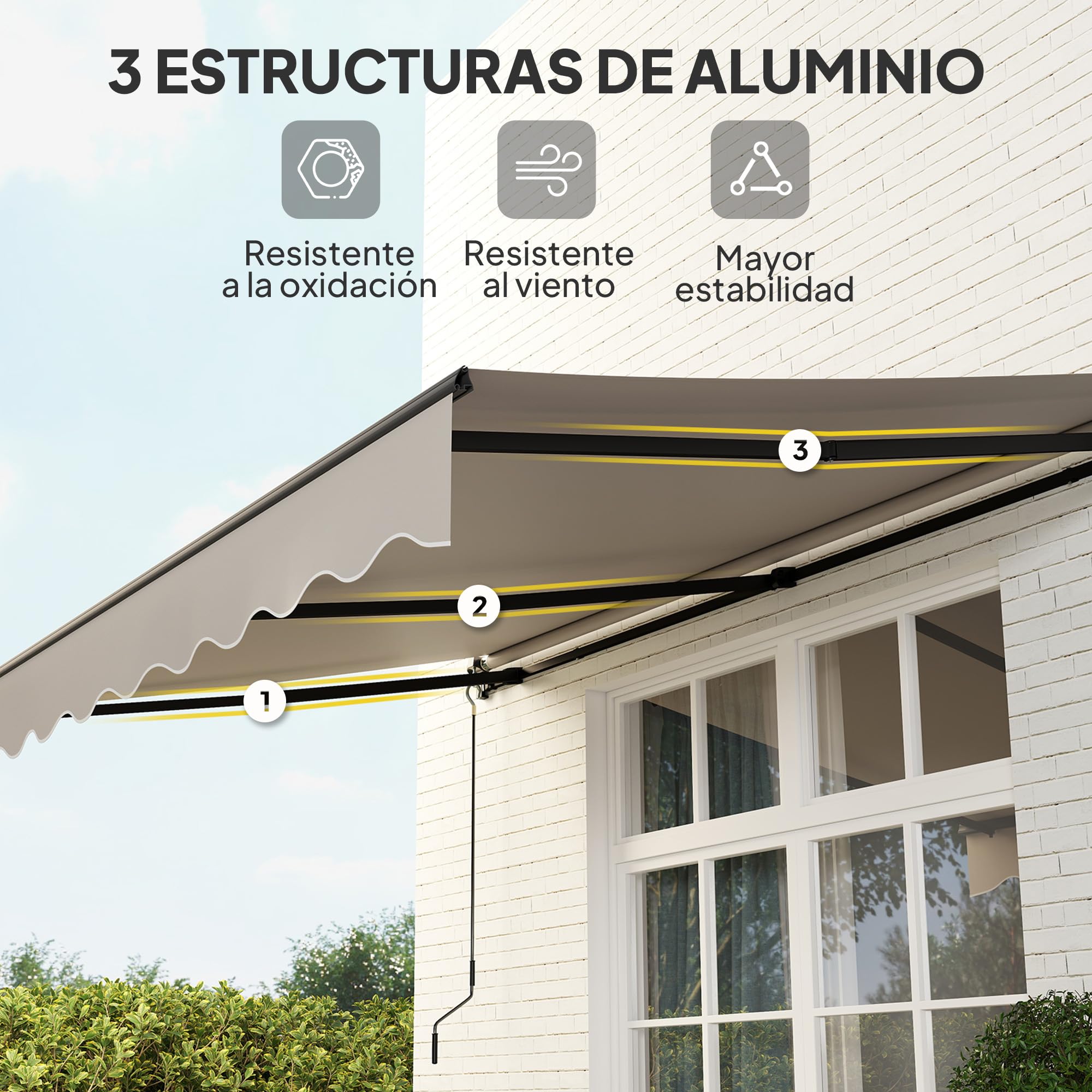 Outsunny Toldo Manual Retráctil 360x220 cm con Manivela de Aluminio Crema | 3 Brazos, Protección UV30+, Toldo Enrollable de Exterior, para Jardín Terraza Ventanas