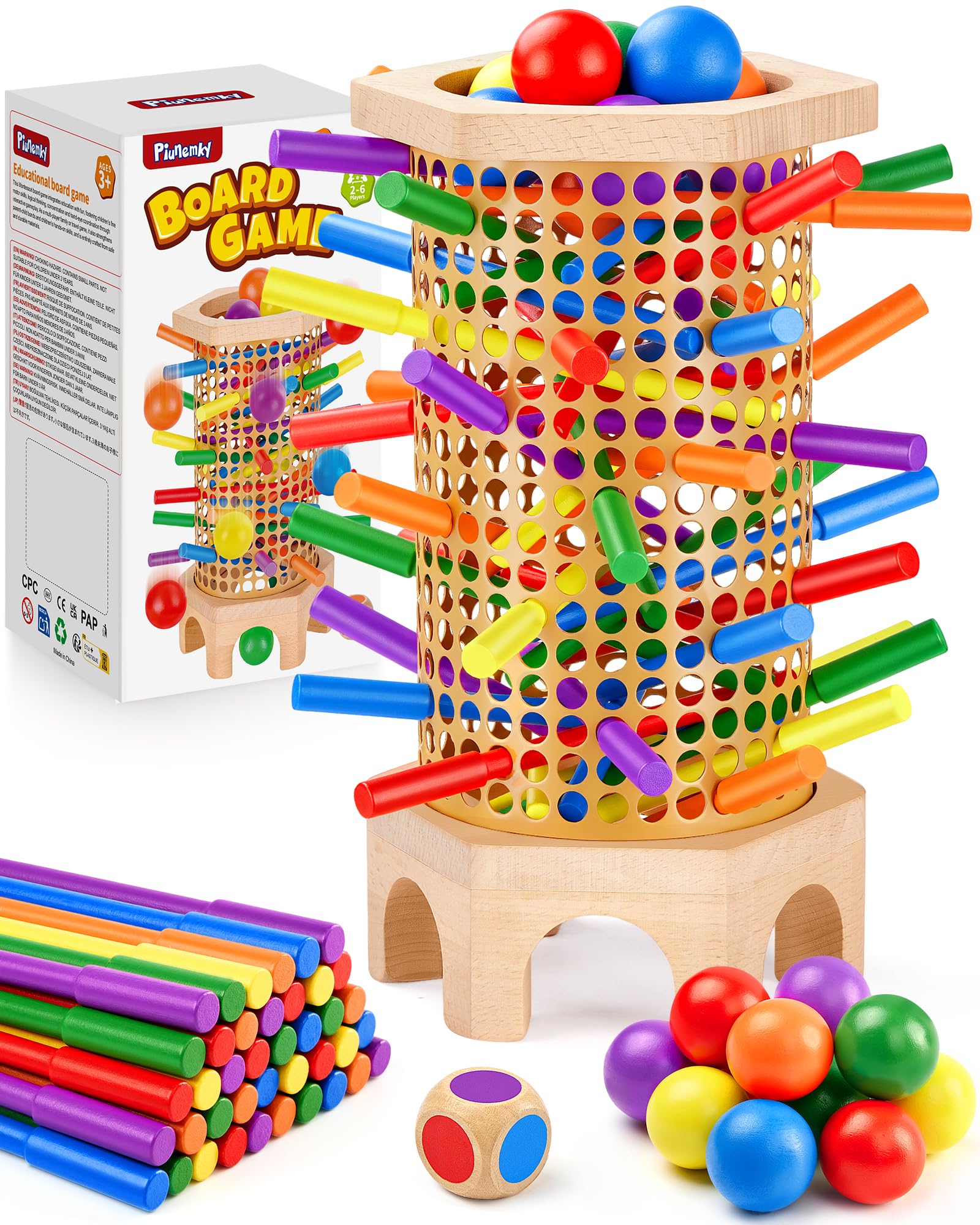 Juego de Mesa Montessori de Madera para Niños 3 4 5 6 Años – Juguete Educativo con Palitos de Colores, Dado y Bolas – Desarrolla la Habilidad Motora Fina – Regalo para Niñas y Niños