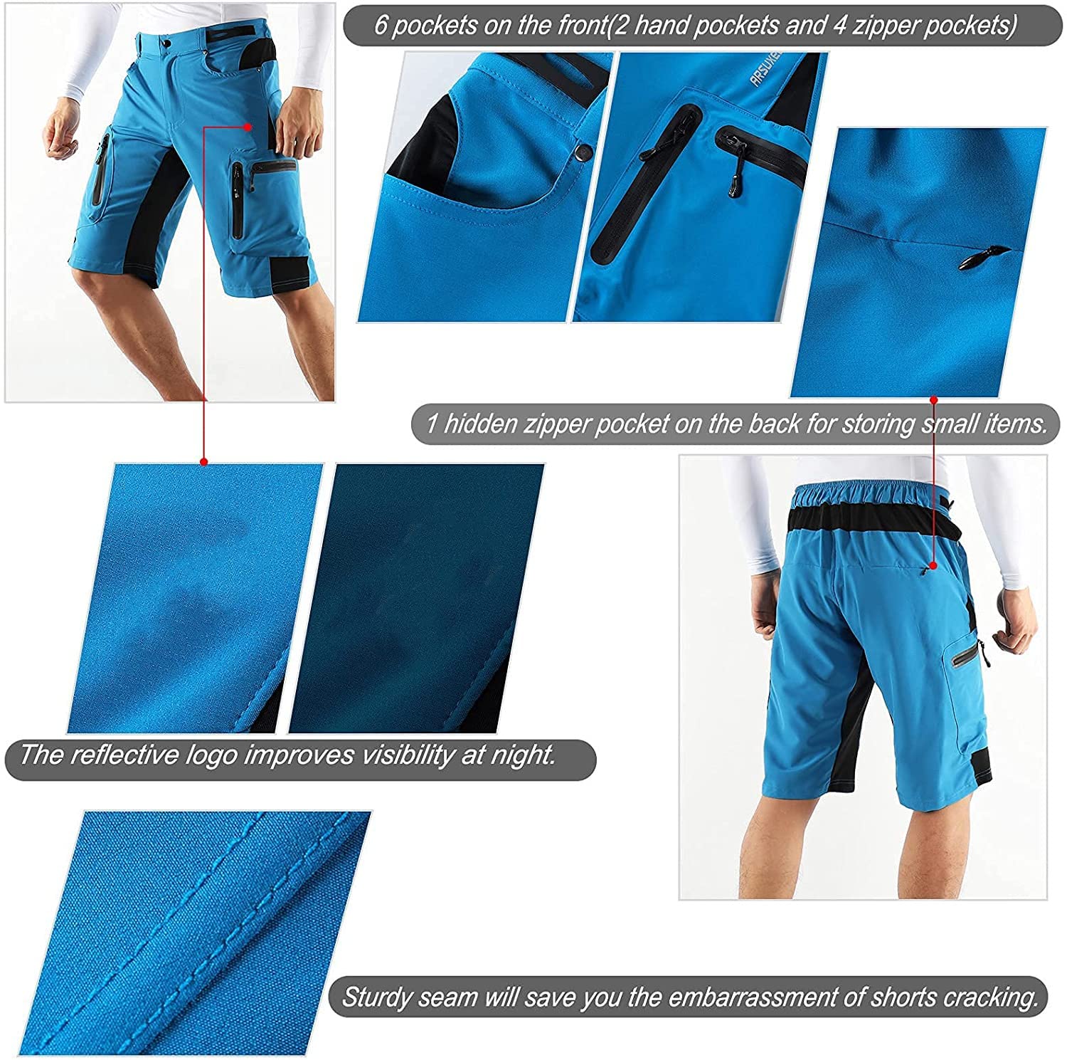 Pantaloncini MTB Uomo, Pantaloncini Ciclismo Biciclette con 3D Cuscino, Bici MTB Pantaloni Loose Traspirante Shorts per Ciclismo da Corsa All'aperto