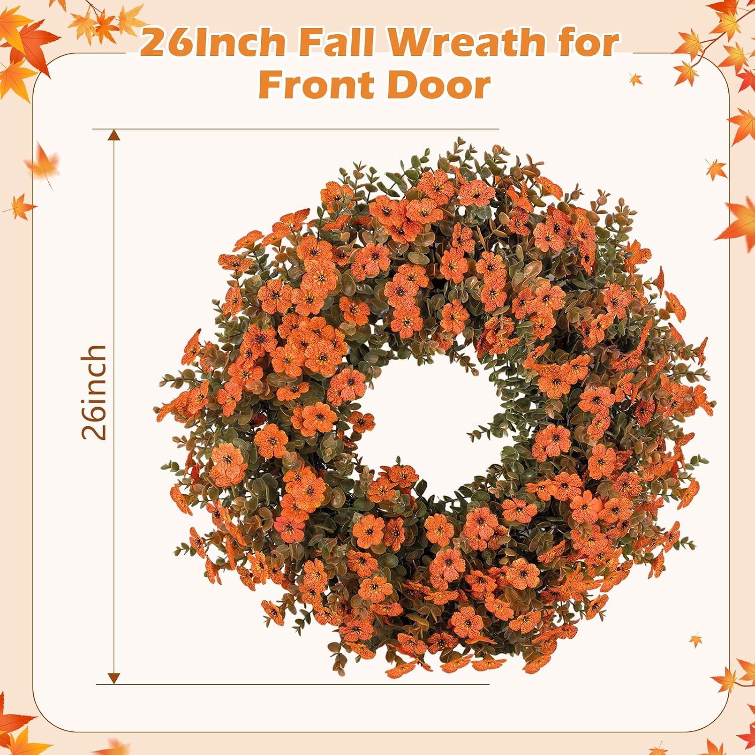 26 Inch Fall Wreath for Front Door, Autumn Harvest Wreaths with Eucalyptus Leaves, Orange Mums, Artificial Wreath for Indoor Outdoor Porch Home Thanksgiving Farmhouse Decorations