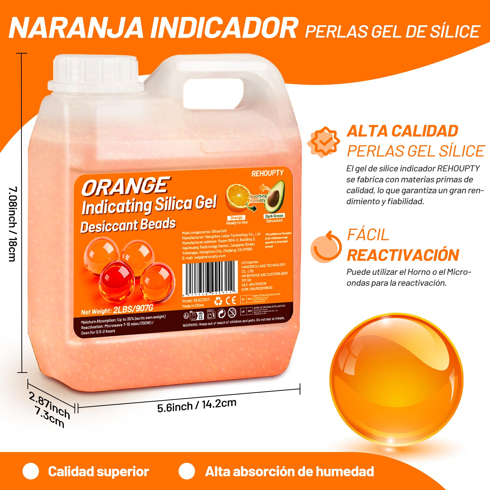 Naranja Gel de Sílice 907g, Gel Silice Antihumedad Reutilizable, 3-5mm Perlas Desecantes Sílice Gel para Filamento 3D, Dispositivos Electrónicos, Cámara, Joyería (Contiene 10 Bolsas Organza)