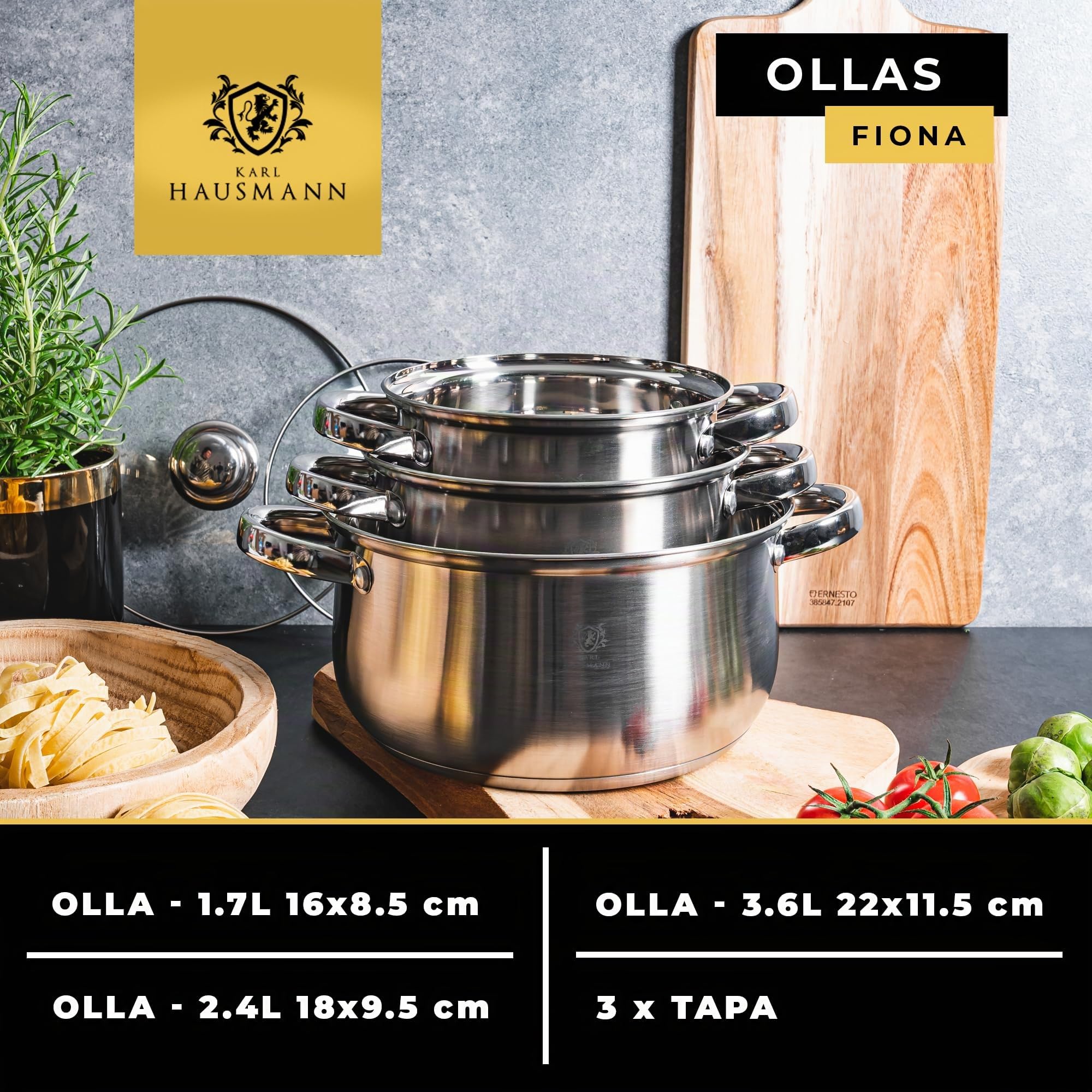 KARL HAUSMANN Bateria Cocina Acero Inoxidable con Tapa de Vidrio - Juego de 3 Ollas para Inducción, Fondo Multicapa, Válidas para Todo Tipo de Cocinas, Aptas para Lavavajillas