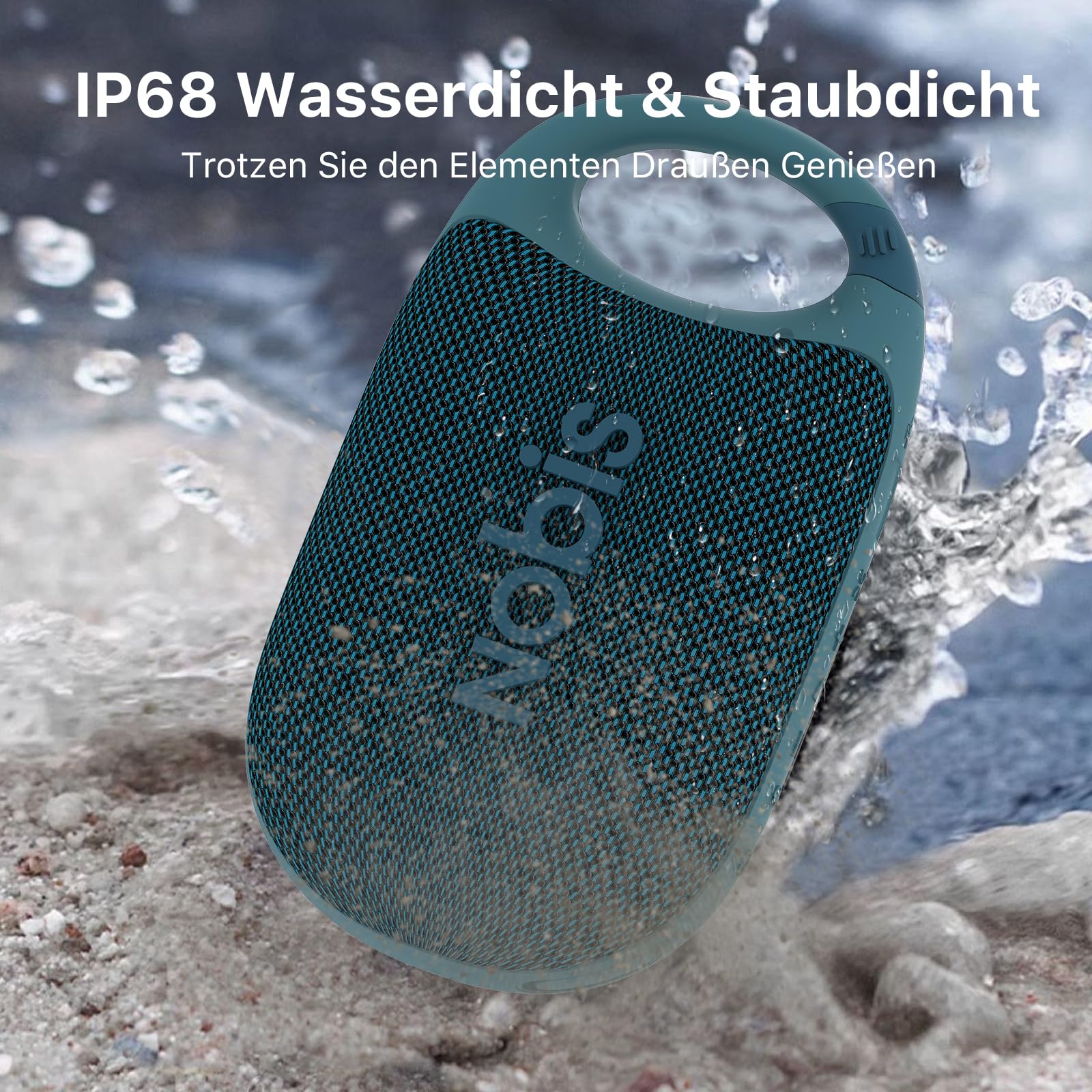 NOBIS Clip N1 Tragbarer Bluetooth Lautsprecher mit App, Beat-Modus, bis zu 24 Stunden Spielzeit, IP68 wasserdicht, BT 5.3, HD-Sound, Stereo-Paarung, Custom EQ, perfekt für Outdoor (Blau)