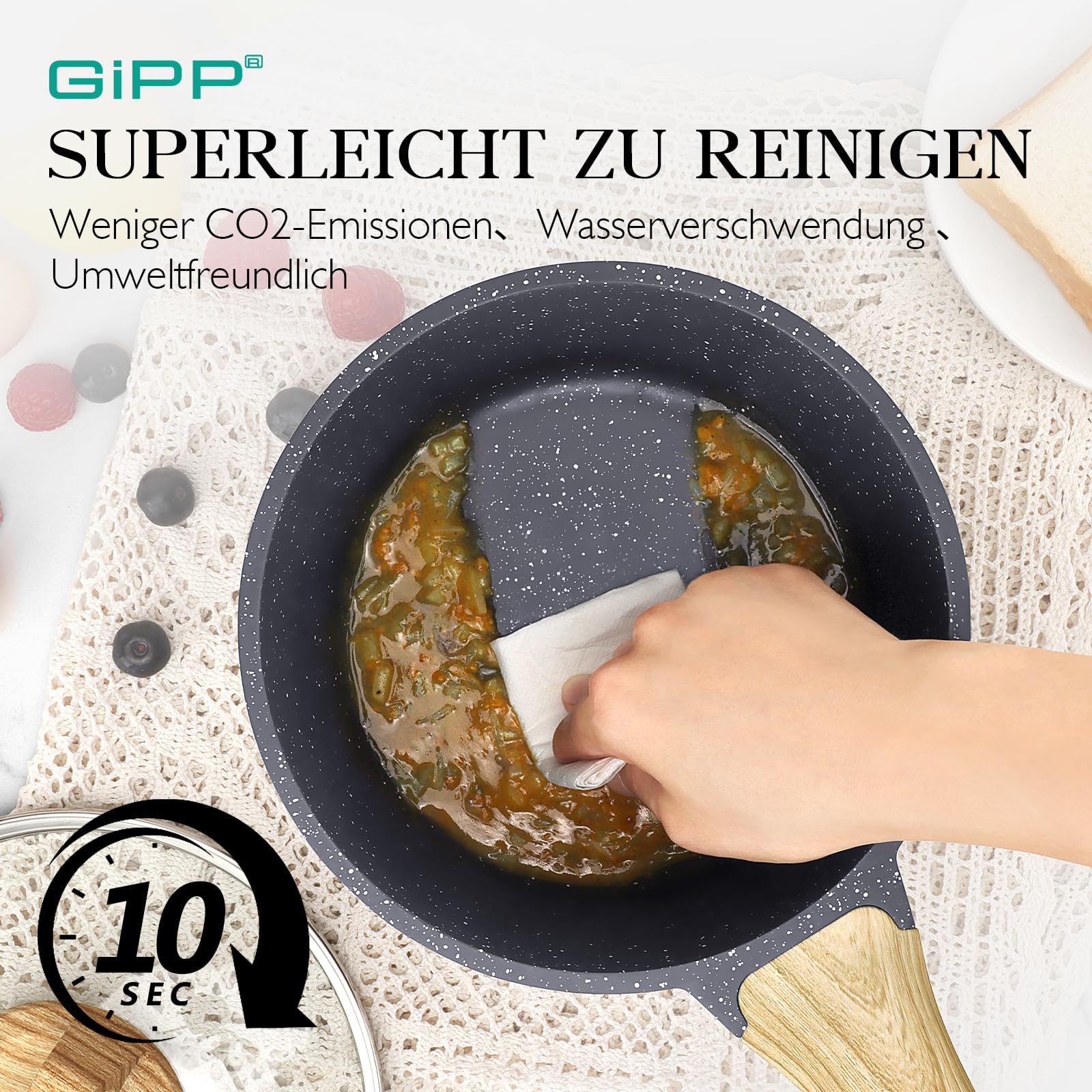 GiPP Casseruola da 20 cm, piccola casseruola a induzione, con coperchio, rivestimento antiaderente in granito, manico in legno, pentola da 3.6L, per induzione, senza PFOA (grigio, 20cm)