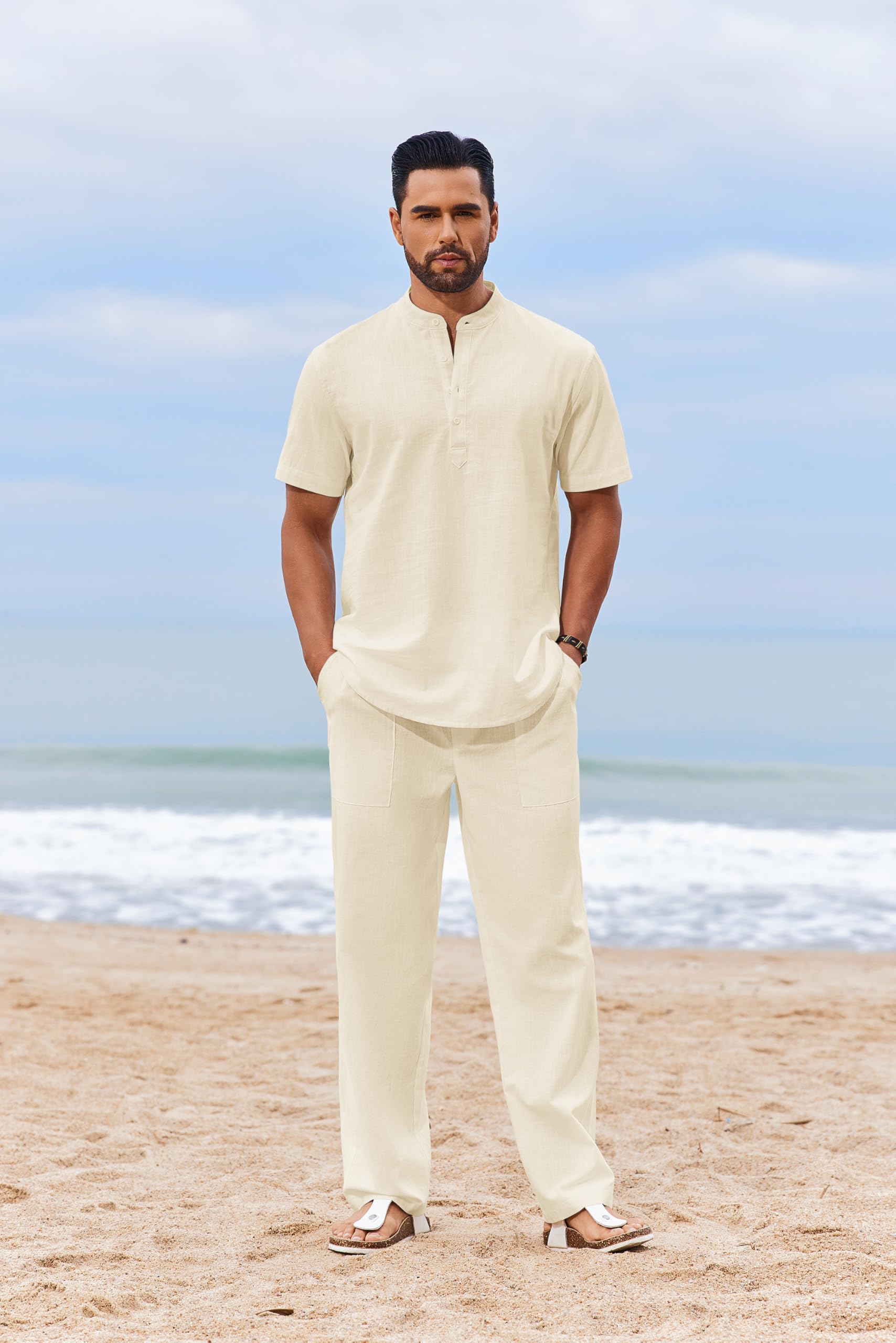 COOFANDY 2-teiliges Herren-Set, Baumwolle, lässig, kurzärmelig, Henley-Shirts und Strandhosen mit Taschen, Sommerurlaub-Outfits