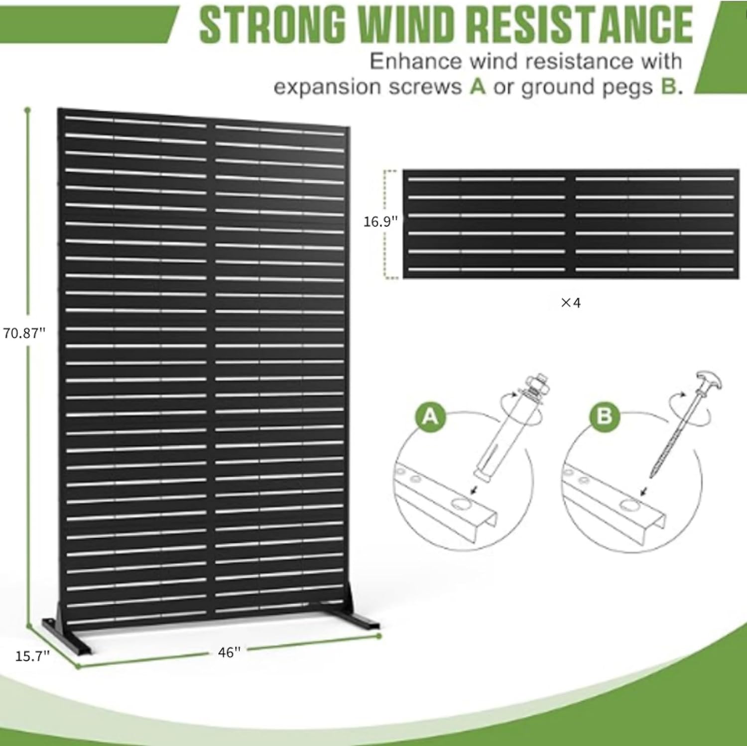 Self Supporting Metal Outdoor Privacy Screen Slatted Patio Divider Decorative Garden Partition Windproof Weatherproof Fence Panel Balcony Backyard Deck Porch Courtyard Poolside Seating (Black)