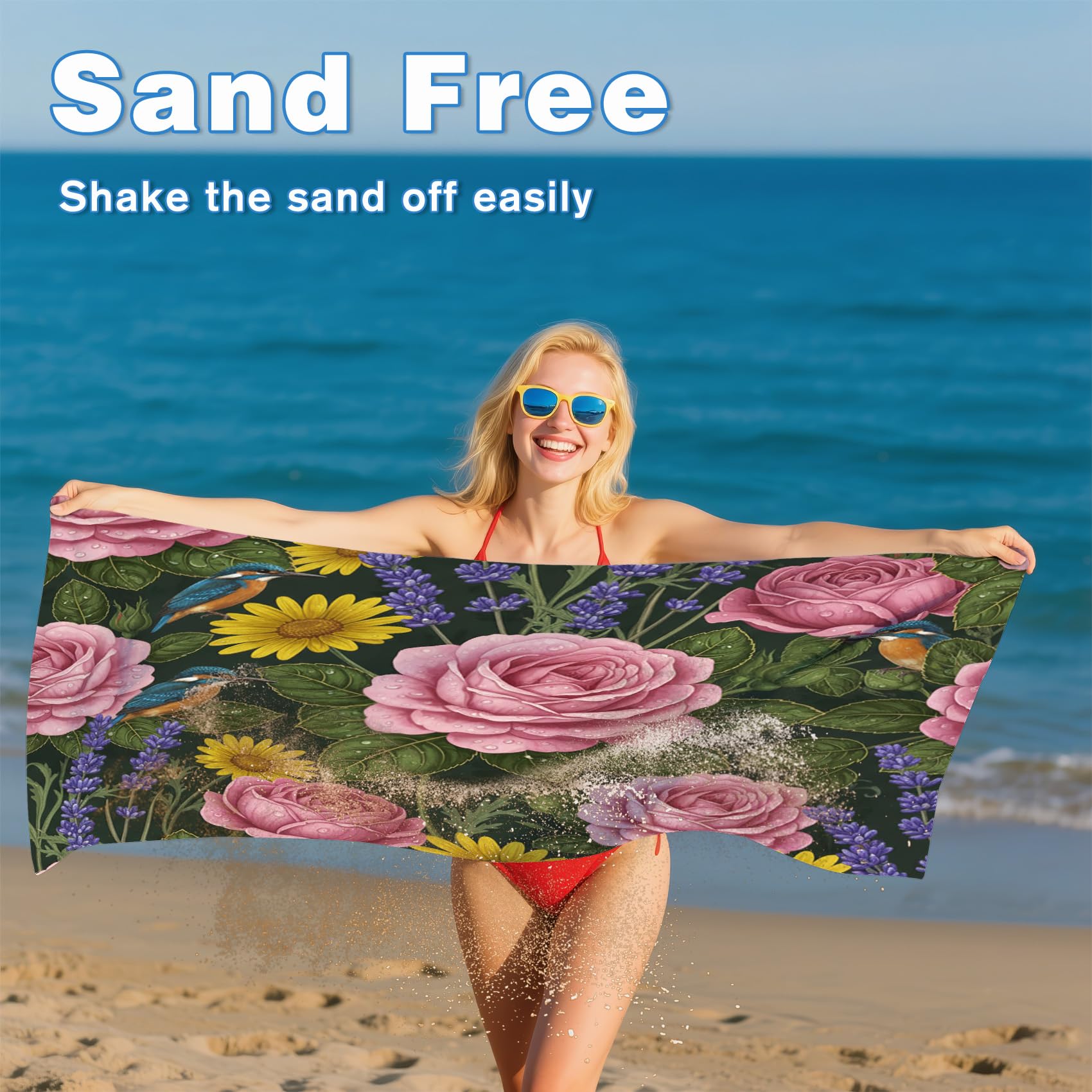 Serviette de Plage XXL Microfibre Rose Fleurs Lavande Florale Fleurie, Drap de Plage Séchage Rapide Anti Sable & Légère, Serviette de Bain Grande Taille 200x200 cm, Accessoire & Cadeau été