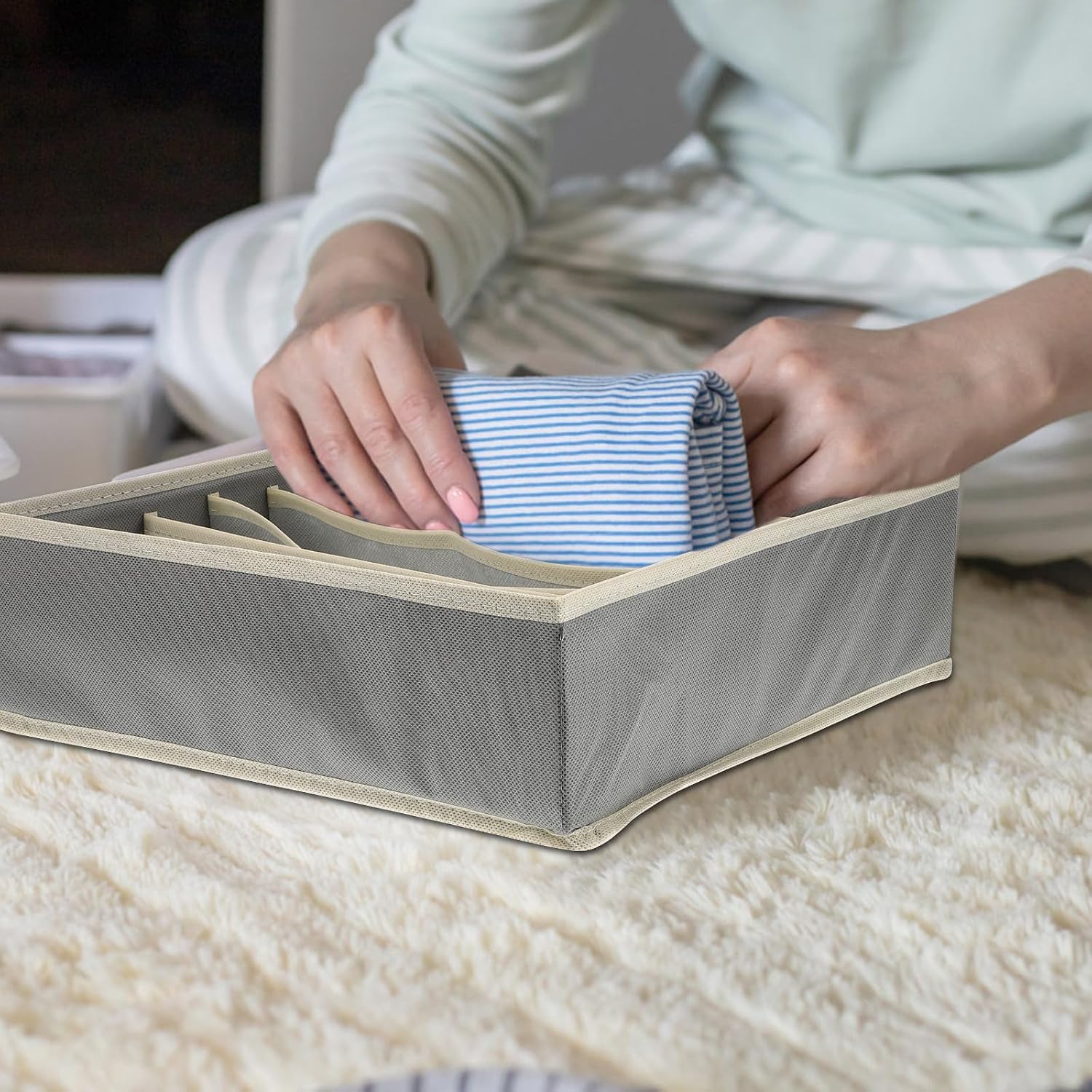 4pcs Gray Wardrobe Underwear and Sock Drawer Organizer Boxes with White Trim, Multigrid Bra and Clothing Storage Dividers for Closet and Dresser