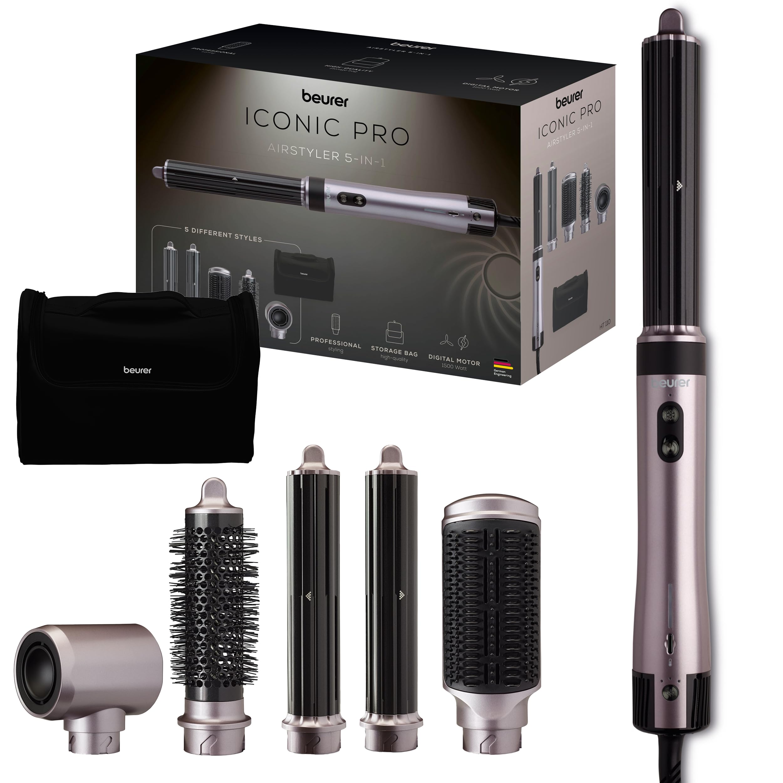 Beurer HT 110 Airstyler 5-en-1, Styler capillaire multifonction pour boucler, lisser & donner du volume, coiffage délicat pour tous les types de cheveux, céramique-tourmaline, 5 embouts