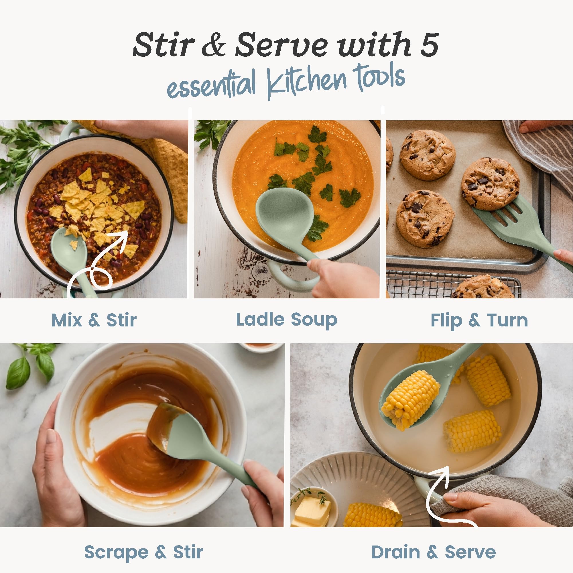 Starpack - Juego de utensilios de cocina de silicona "Stir & Serve" (5 piezas) - Juego de utensilios de cocina resistentes al calor hasta 315.6 °C - Utensilios de cocina para utensilios de cocina