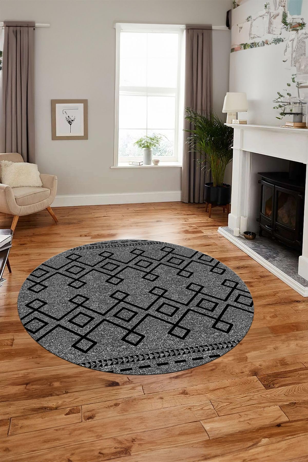 Evdeya Sade Desen Özel Tasarım Kaymaz Taban Yıkanabilir Yuvarlak Mutfak Salon Halısı Y-MODERN-87, Gri, 60 x 60
