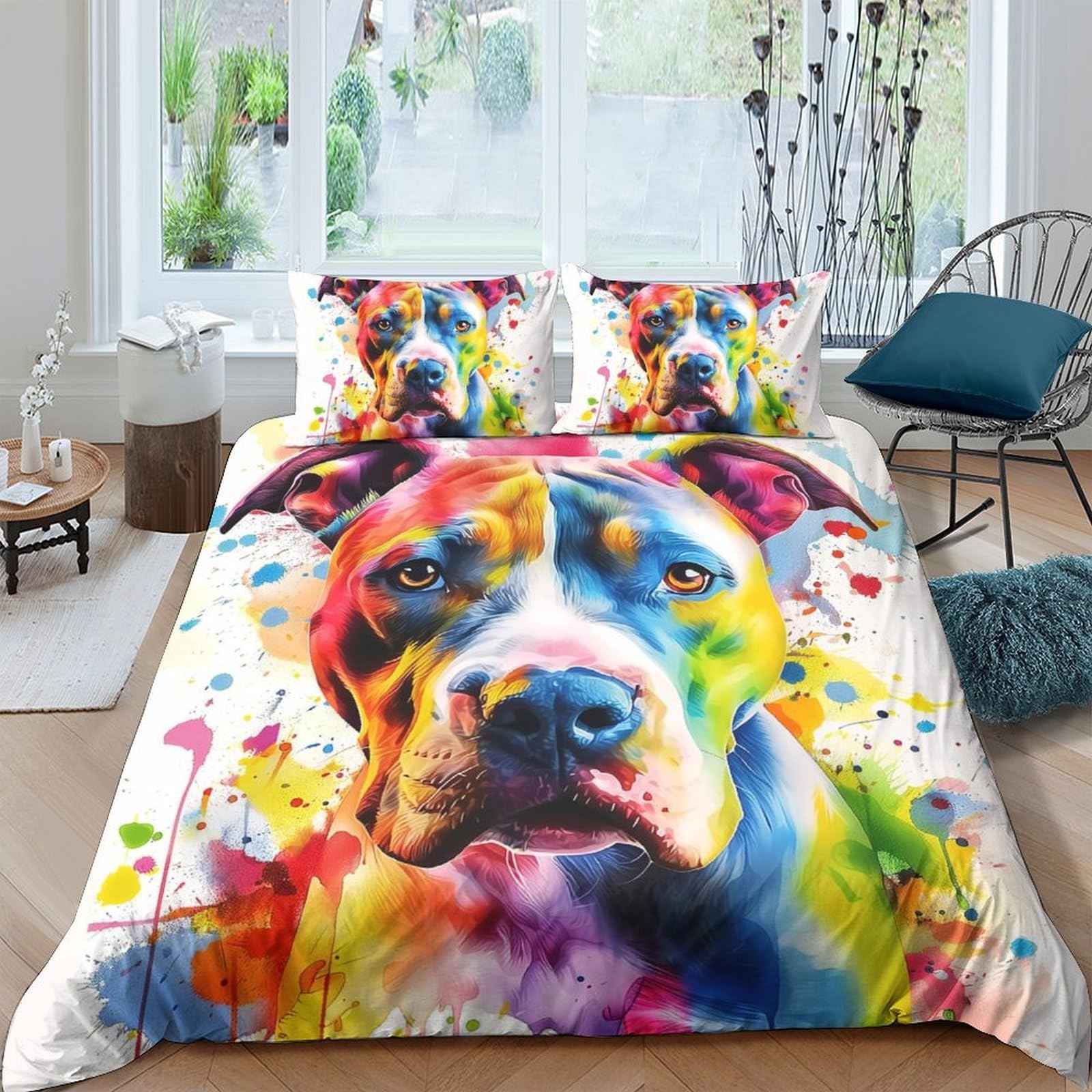 GPLZQXKJNH 3D Printed Colorful Dog Duvet Cover Microfiber Soft Breathable Watercolor Quilt Cover Set with 2 Pillowcases for Bedroom Decor Single（135x200cm）