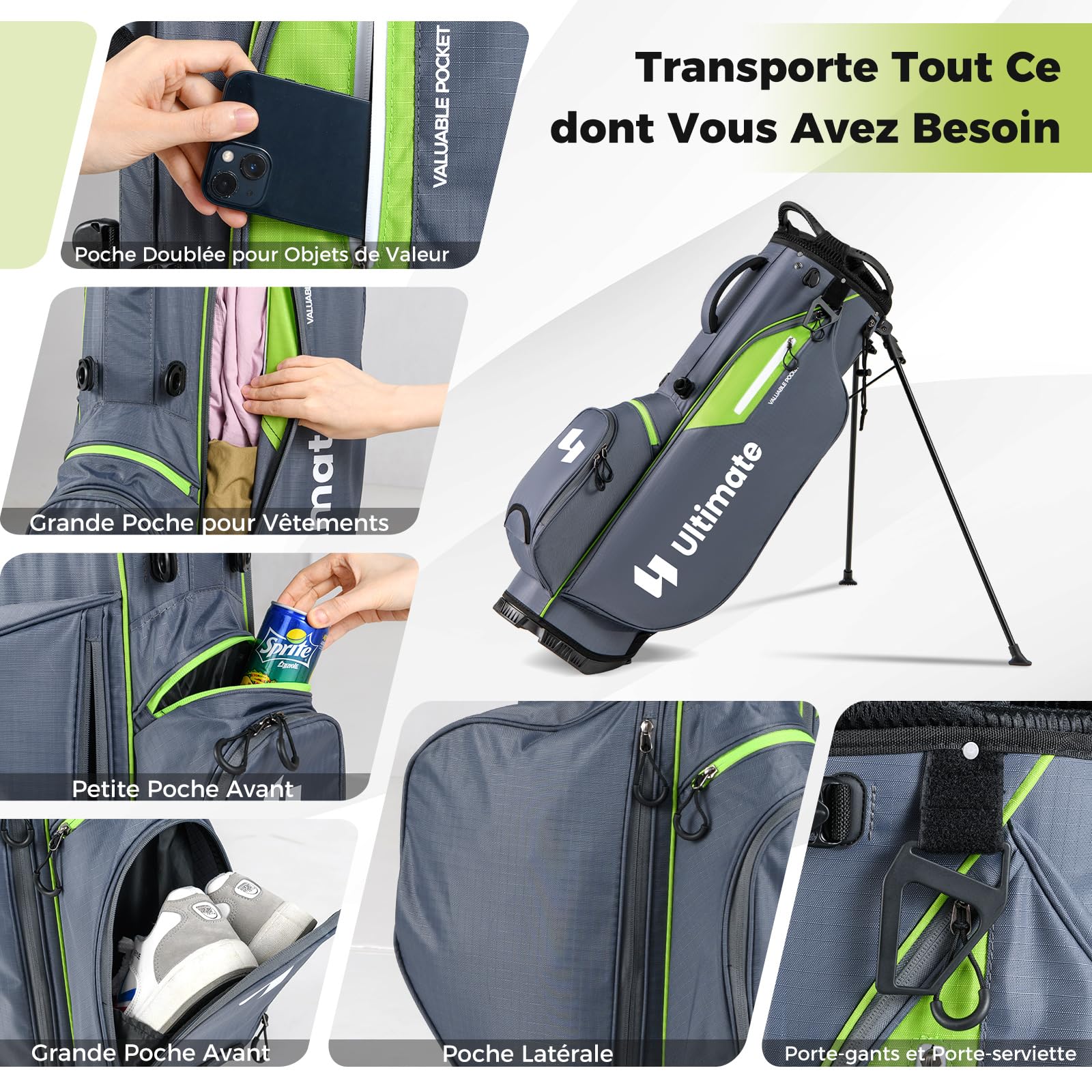 COSTWAY Sac de Golf Léger avec 8 Compartiments Supérieurs et 5 Poches Zippées, Sac de Club de Golf Portable avec Bandoulière Réglable Housse de Pluie et Porte-Parapluie pour Femmes/Hommes