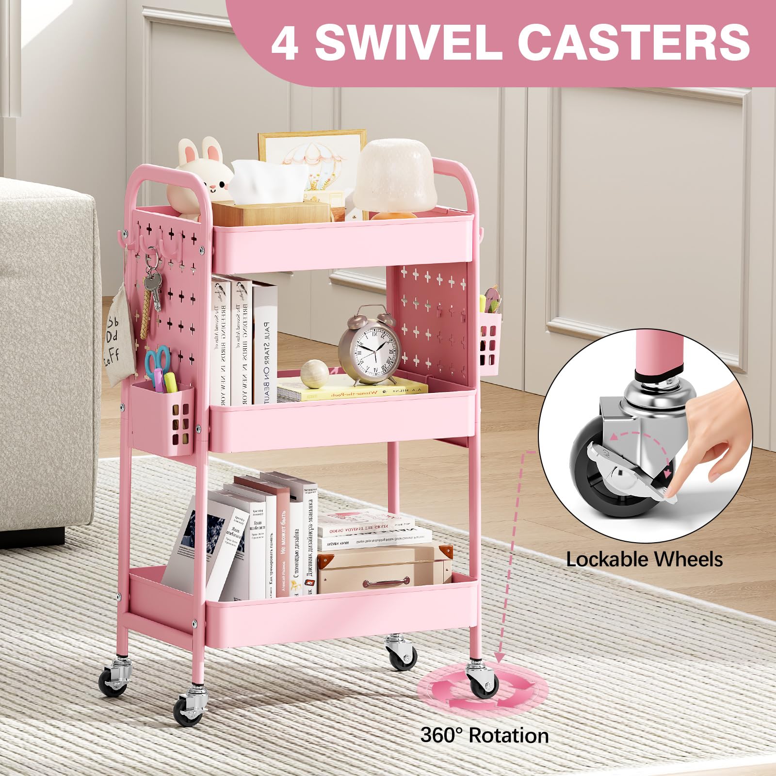 KINGRACK Carrello 3 Livelli Ruote, Rosa | Pannello Forato DIY, Ganci, Cestini, Cucina, Bagno, Ufficio