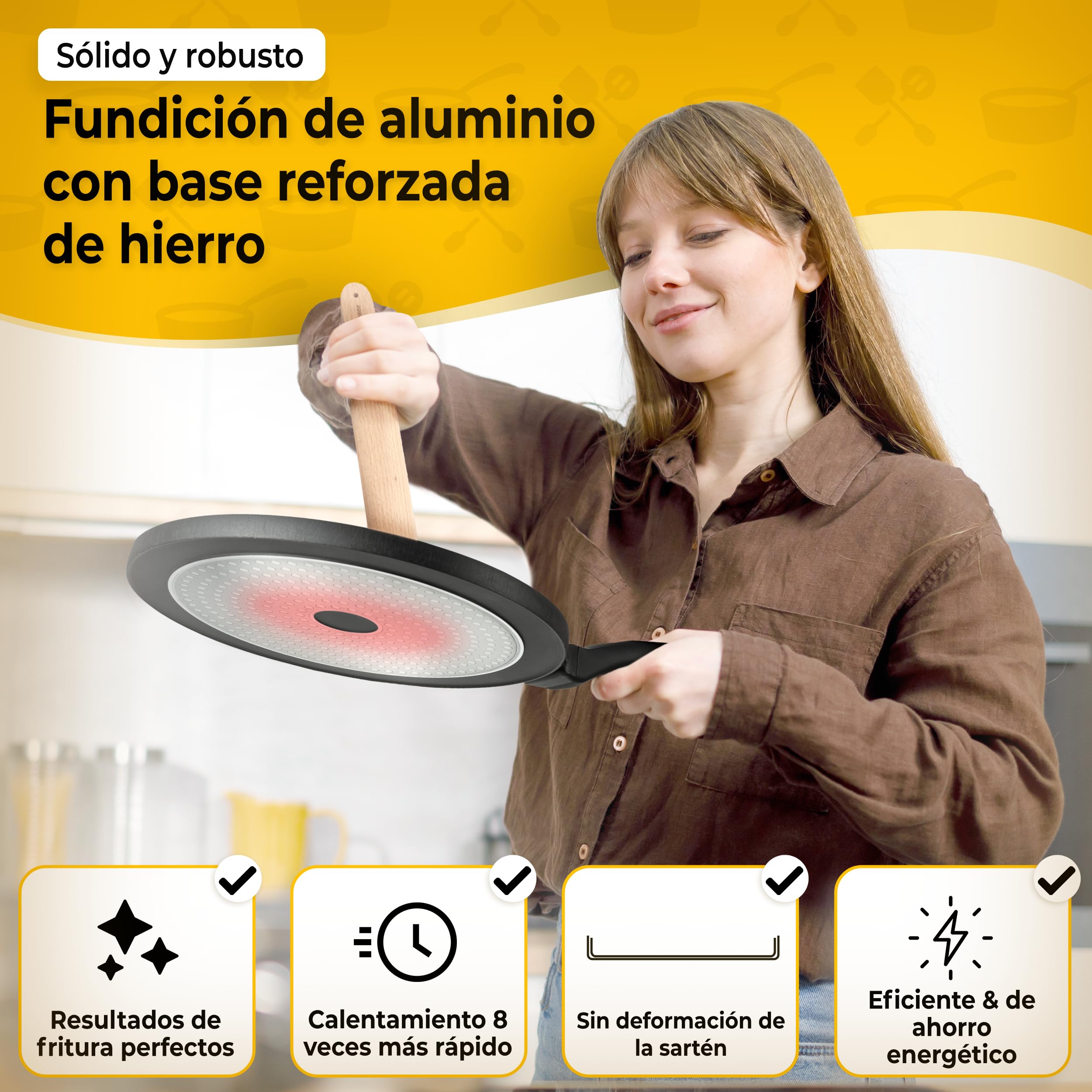 endusor Sarten Crepes Induccion 26cm con 3 capas de antiadherente + espatula y esparcidor de madera de haya alemana - Sartén para crepes apta para TODAS las cocinas - Crepera sarten sin PFOA + PFOS