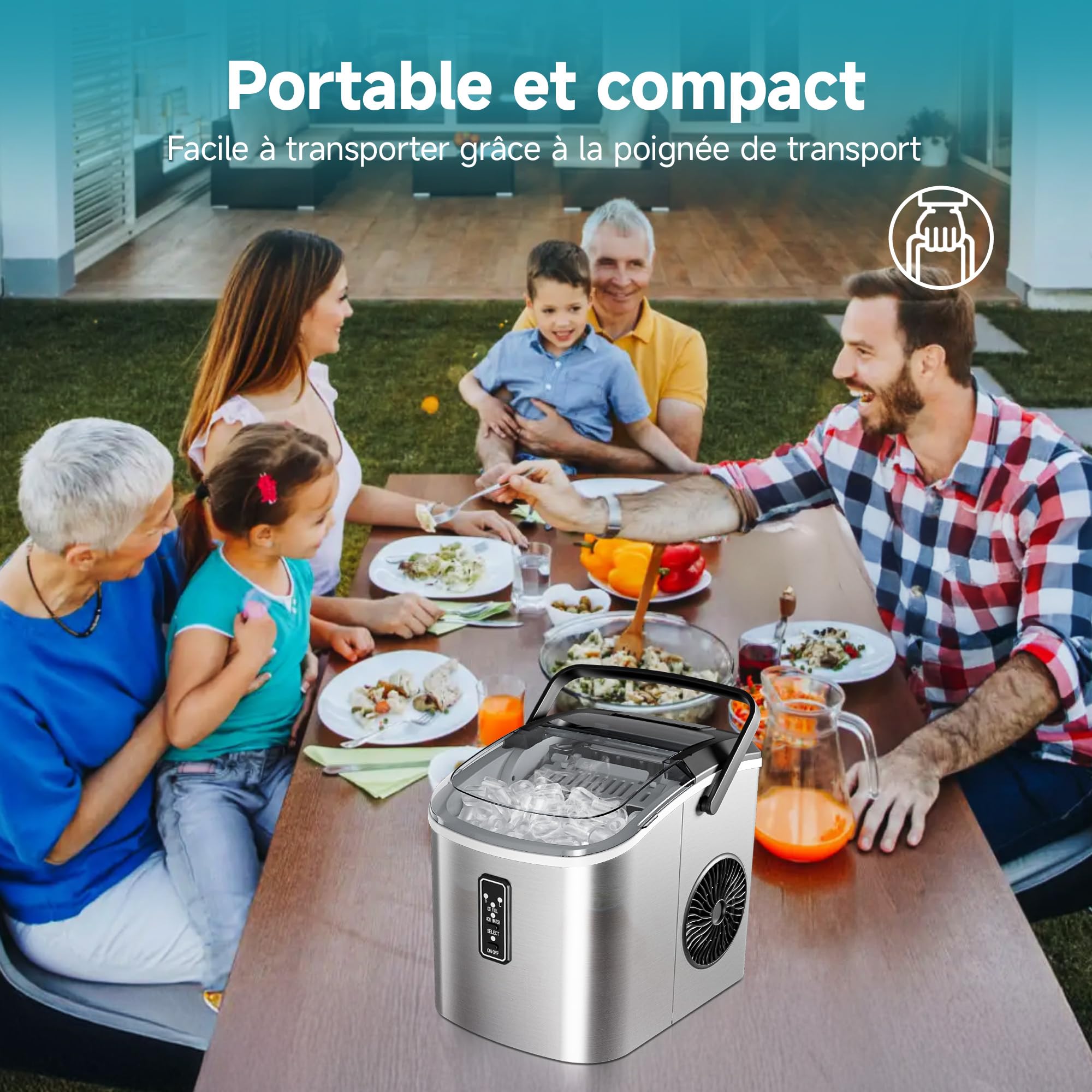 EUHOMY Machine à glaçons compacte - 9 glaçons prêts en 6 minutes - 12 kg/jour - Autonettoyante Avec poignée de transport, panier et pelle - 2 tailles de glaçons - Pour maison, cuisine, Bureau,argent